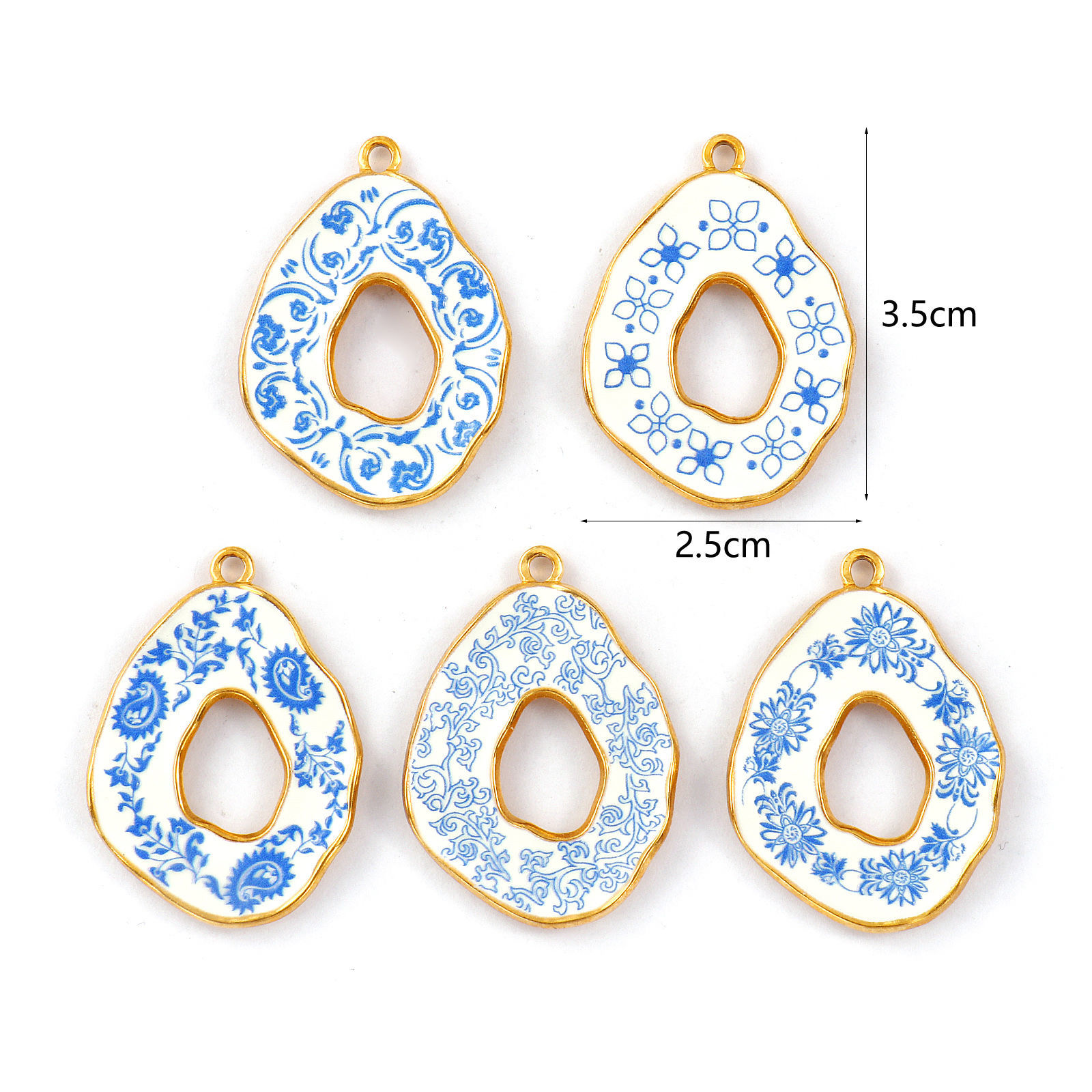 Picture of 2 PCs Eco-friendly PVD Vacuum Plating 304 Stainless Steel Pendants 18K Real Gold Plated Blue Drop Flower Printed 3.5cm x 2.5cm
