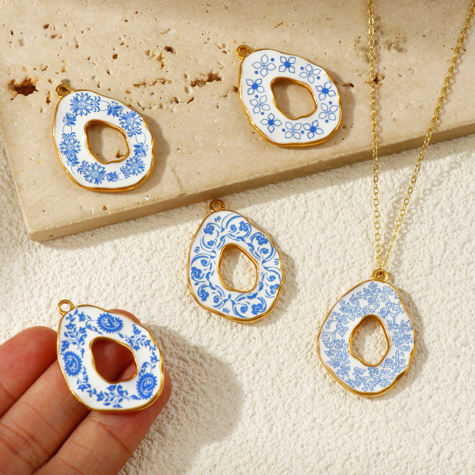 Picture of 2 PCs Eco-friendly PVD Vacuum Plating 304 Stainless Steel Pendants 18K Real Gold Plated Blue Drop Flower Printed 3.5cm x 2.5cm