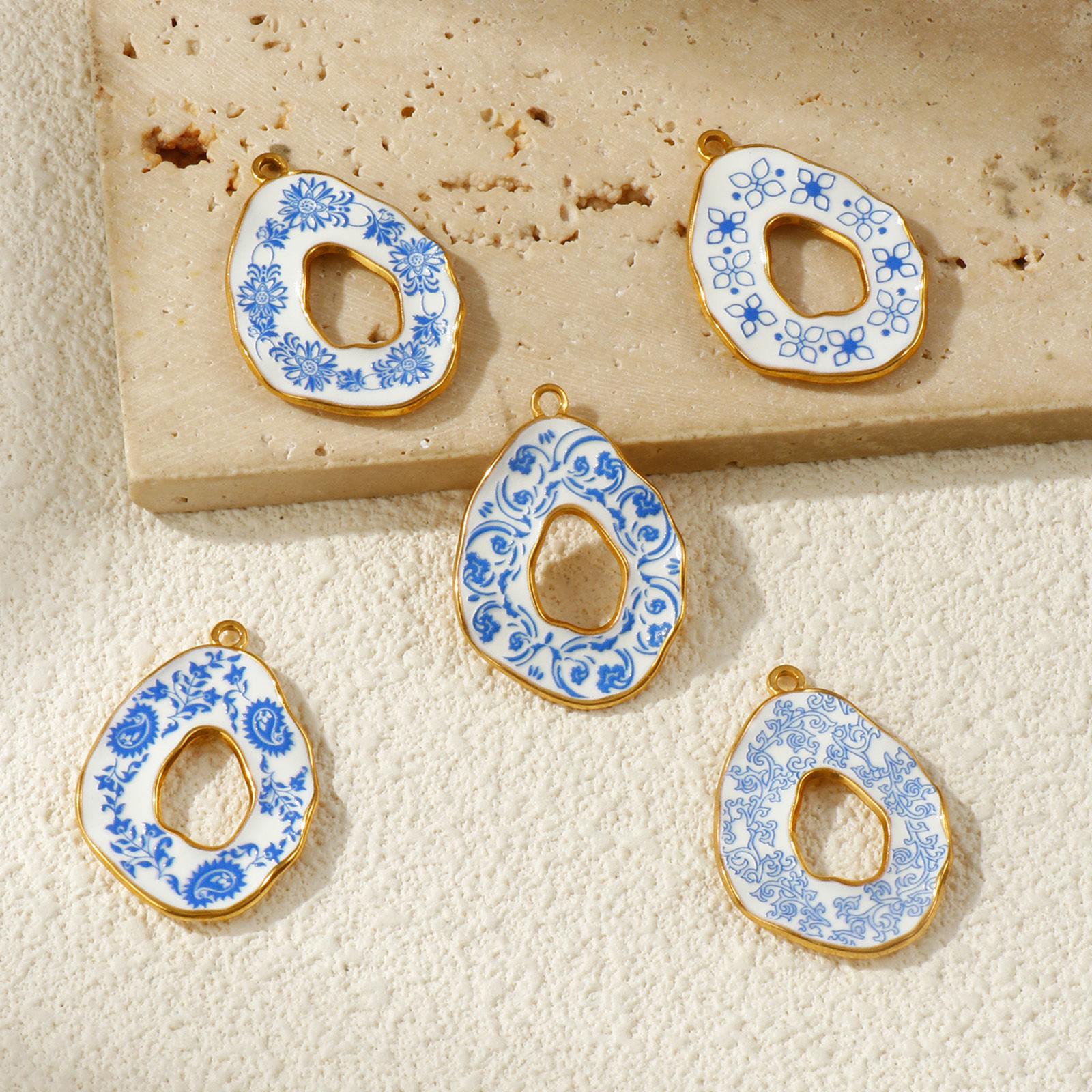 Picture of 2 PCs Eco-friendly PVD Vacuum Plating 304 Stainless Steel Pendants 18K Real Gold Plated Blue Drop Flower Printed 3.5cm x 2.5cm