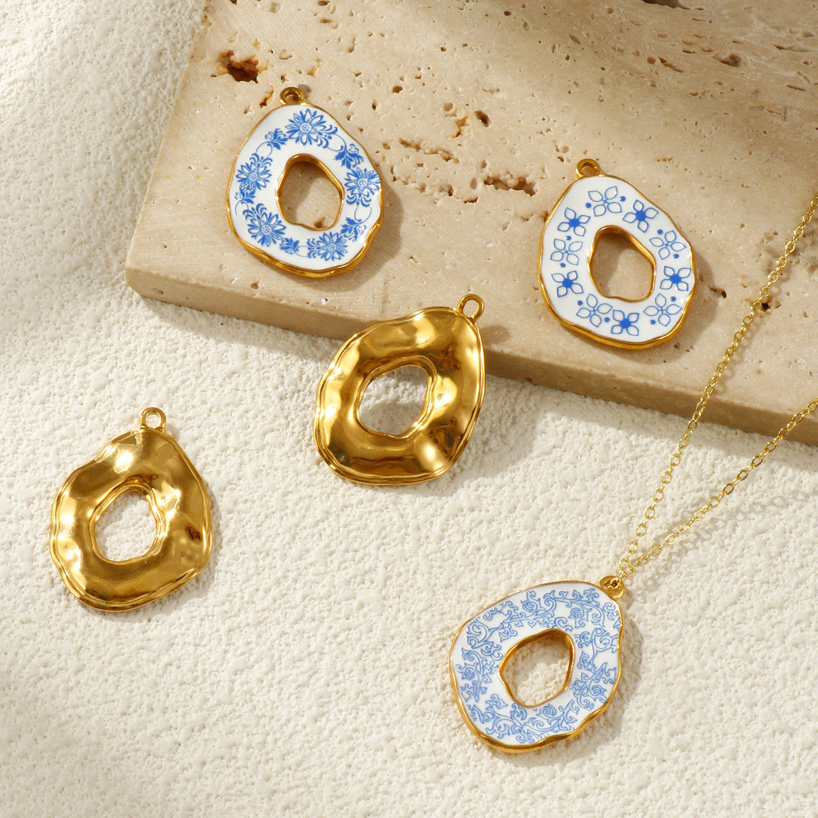 Picture of 2 PCs Eco-friendly PVD Vacuum Plating 304 Stainless Steel Pendants 18K Real Gold Plated Blue Drop Flower Printed 3.5cm x 2.5cm