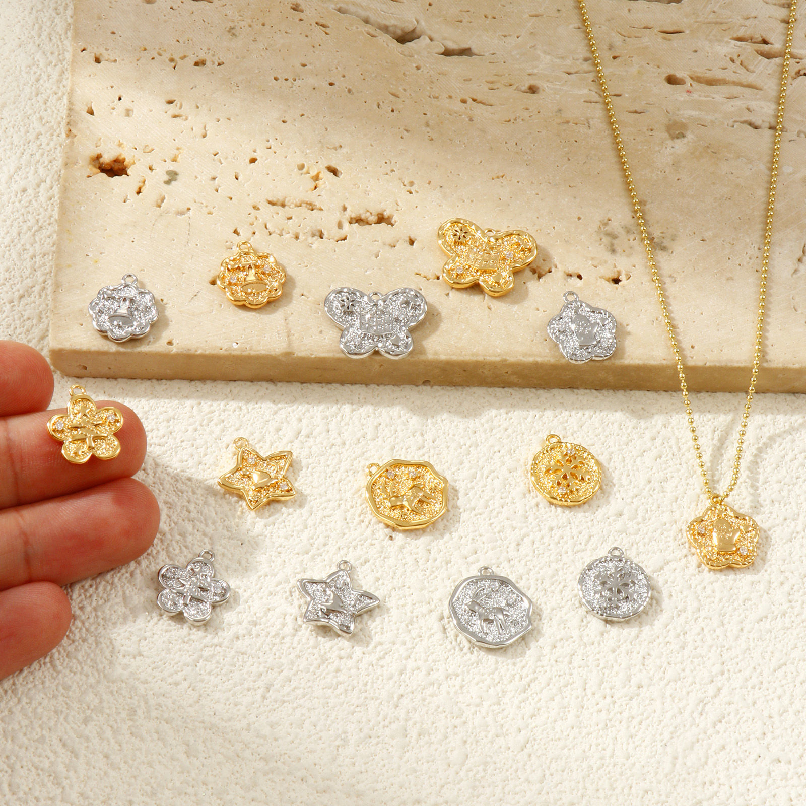 Bild von Umweltfreundlich Messing Weihnachten Charms Echtgold plattiert Doppelseitig Klar Kubischer Zirkon