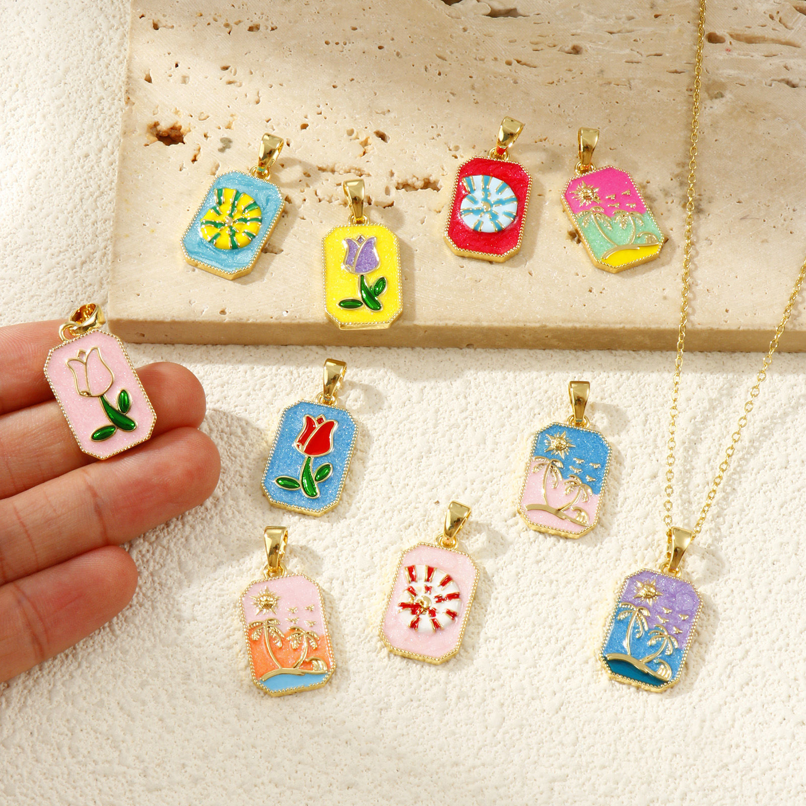 Picture of Eco-friendly Brass Pendants 18K Real Gold Plated Enamel Octagon 3cm x 1.4cm