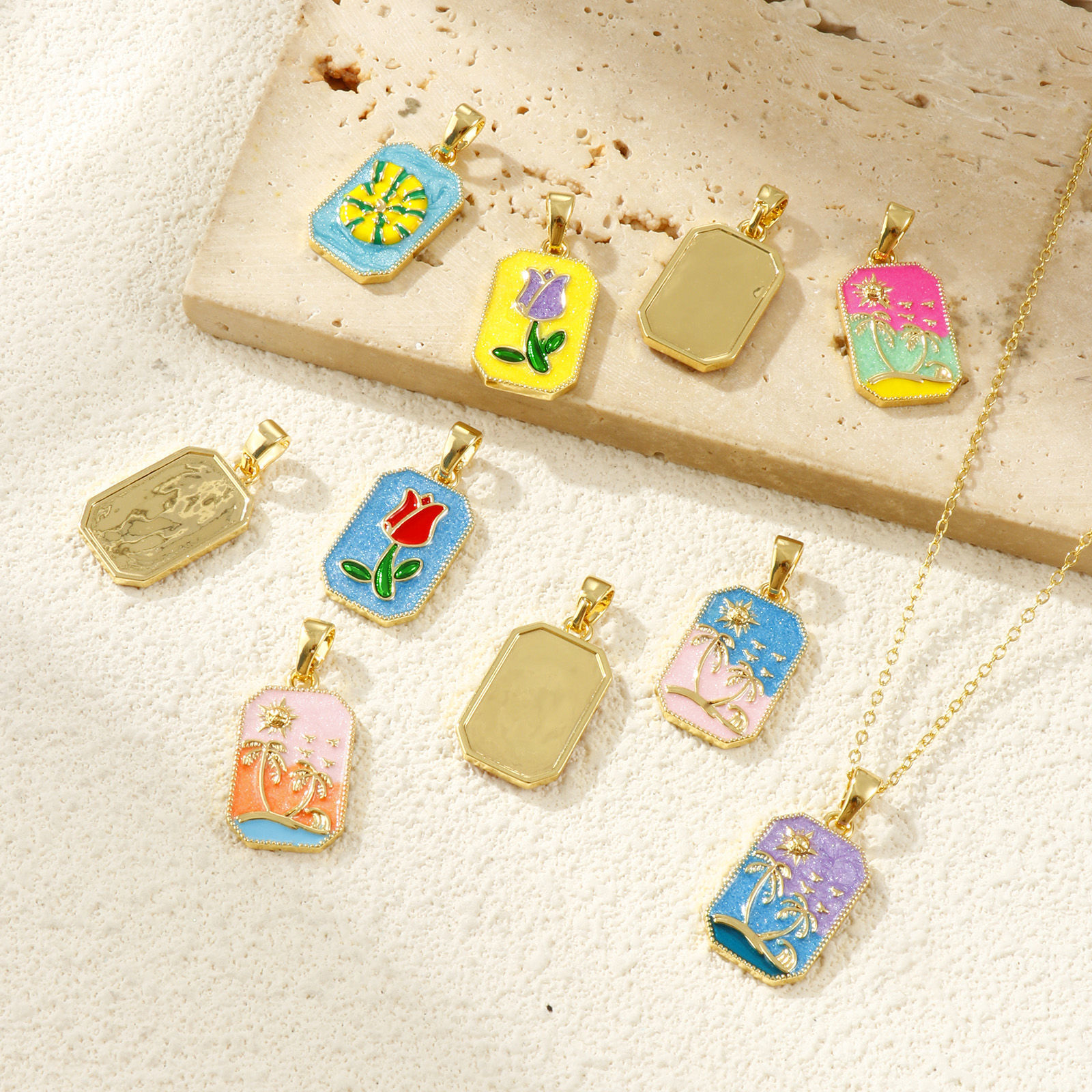 Picture of Eco-friendly Brass Pendants 18K Real Gold Plated Enamel Octagon 3cm x 1.4cm