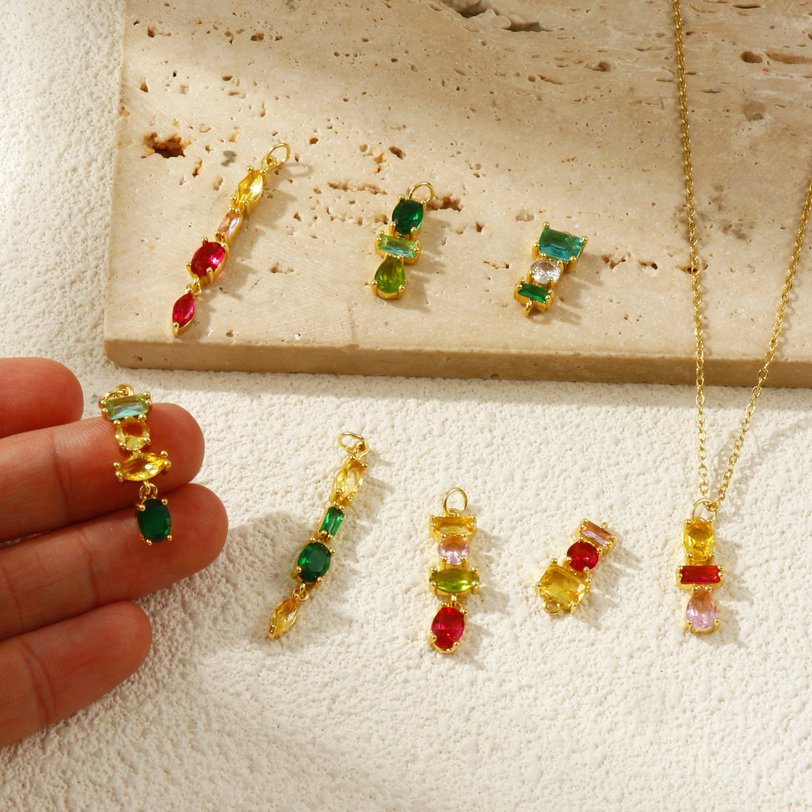 Picture of Eco-friendly Brass & Rhinestone Geometric Connectors Charms Pendants 18K Real Gold Plated