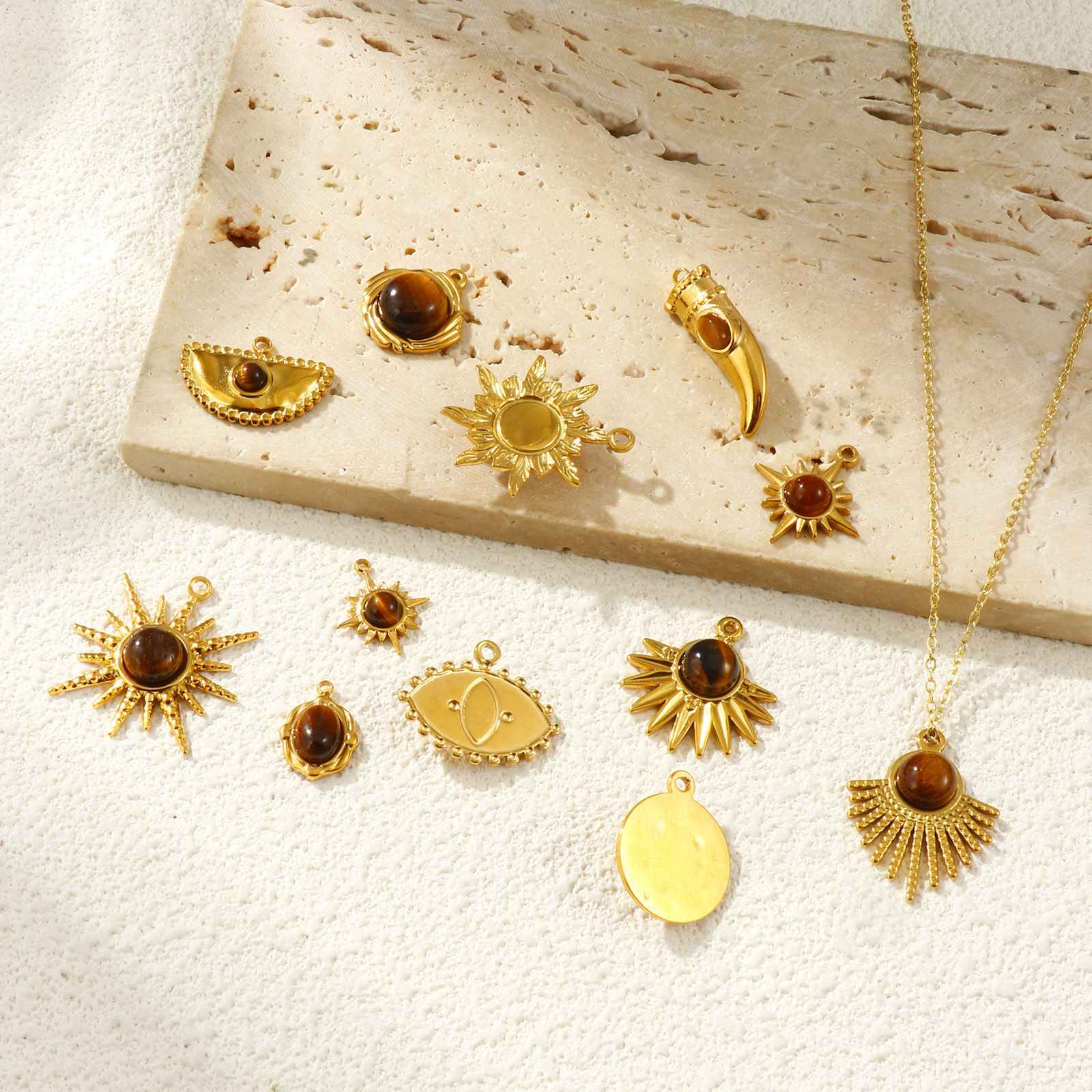 Изображение 2 PCs Eco-friendly PVD Vacuum Plating 304 Stainless Steel & Gemstone Pendants 18K Real Gold Plated Brown