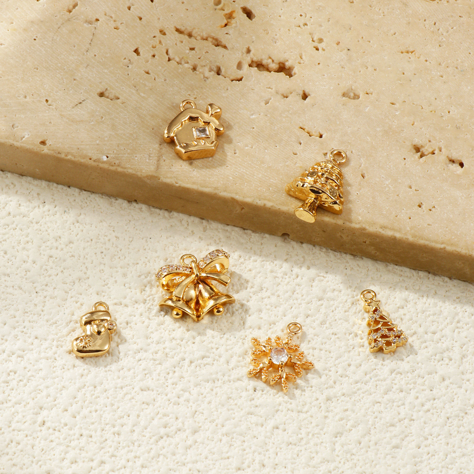 Picture of 2 PCs Eco-friendly Brass Christmas Charms 14K Real Gold Plated Clear Cubic Zirconia