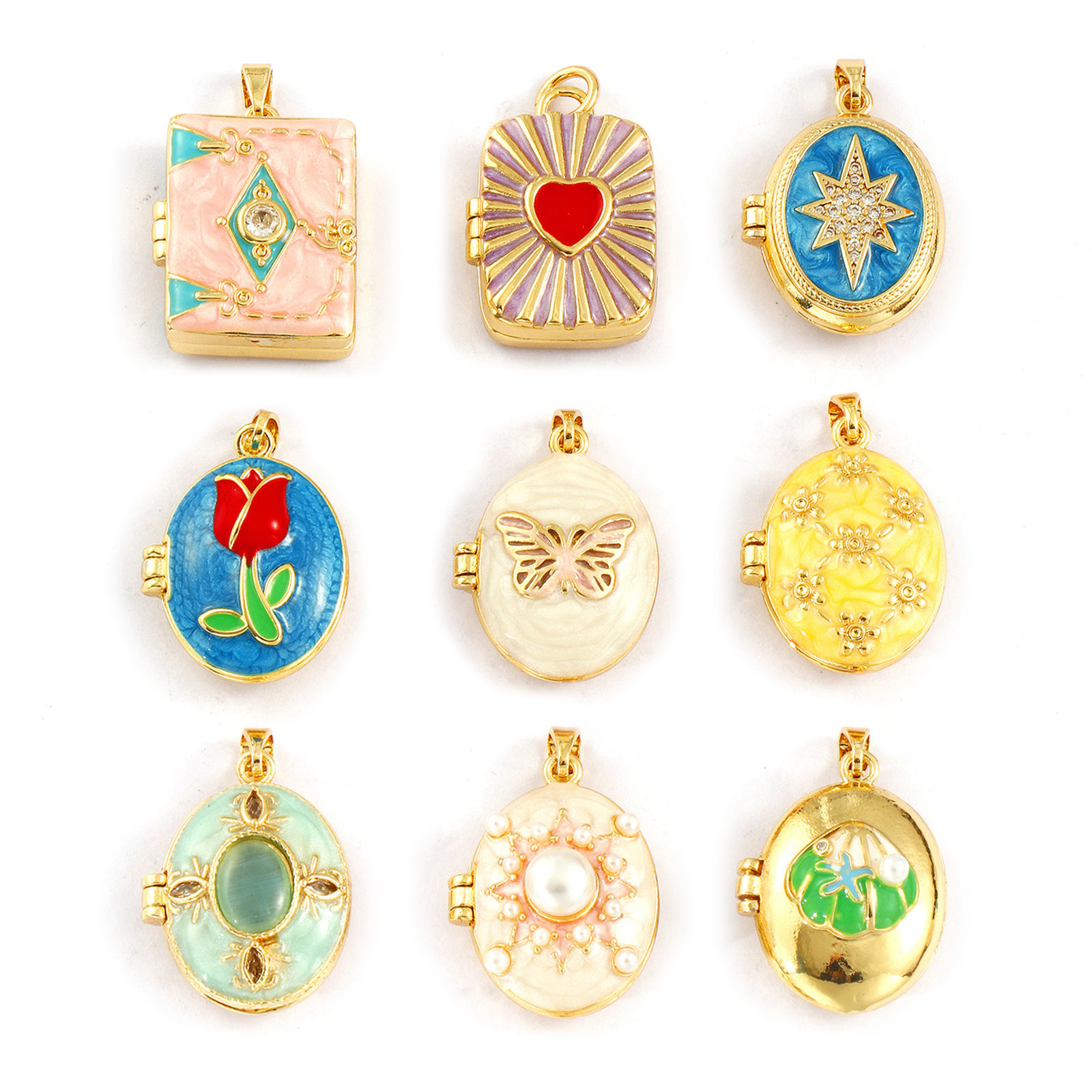 Picture of 2 PCs Brass Picture Photo Locket Frame Pendants 18K Gold Plated Enamel Can Open