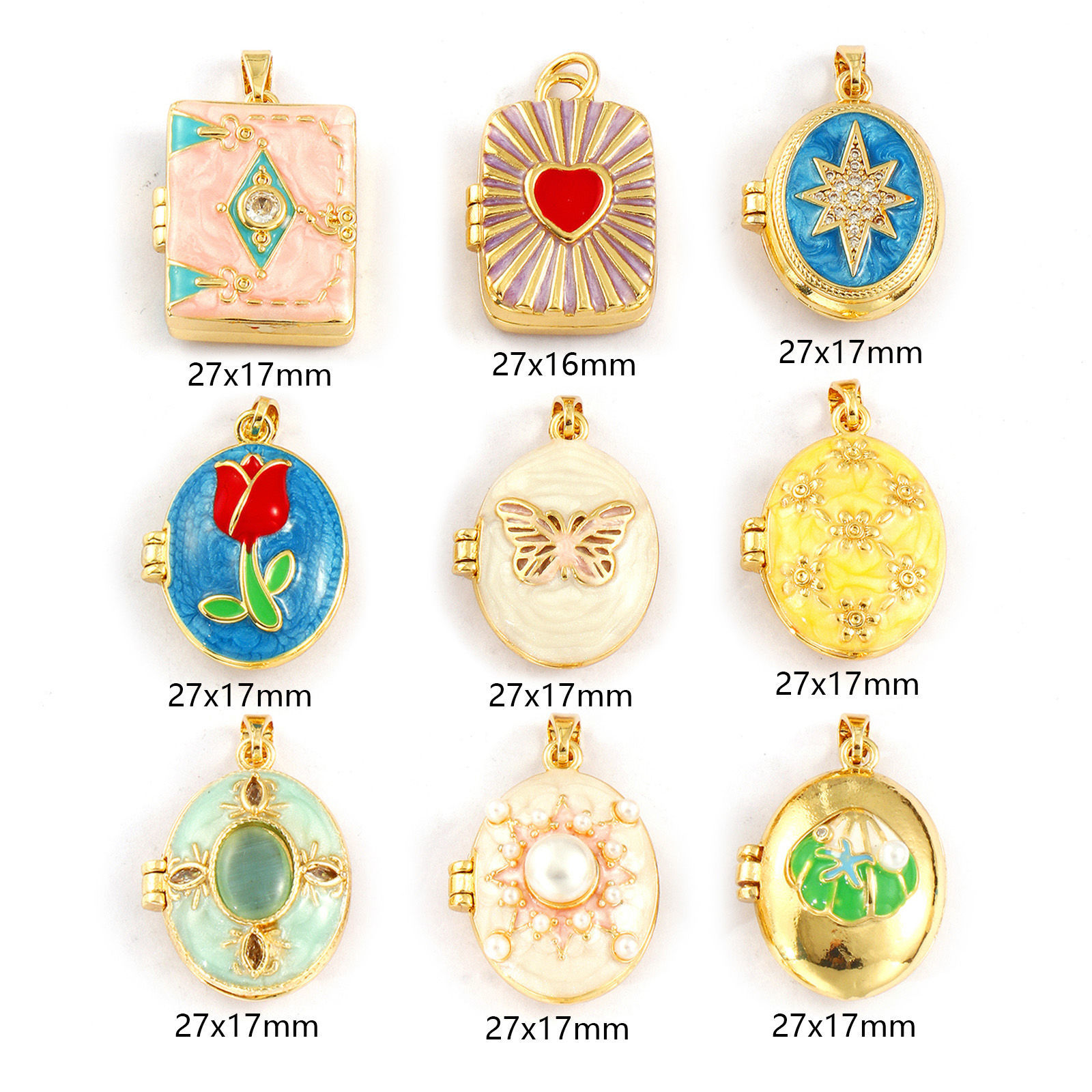 Picture of 2 PCs Brass Picture Photo Locket Frame Pendants 18K Gold Plated Enamel Can Open