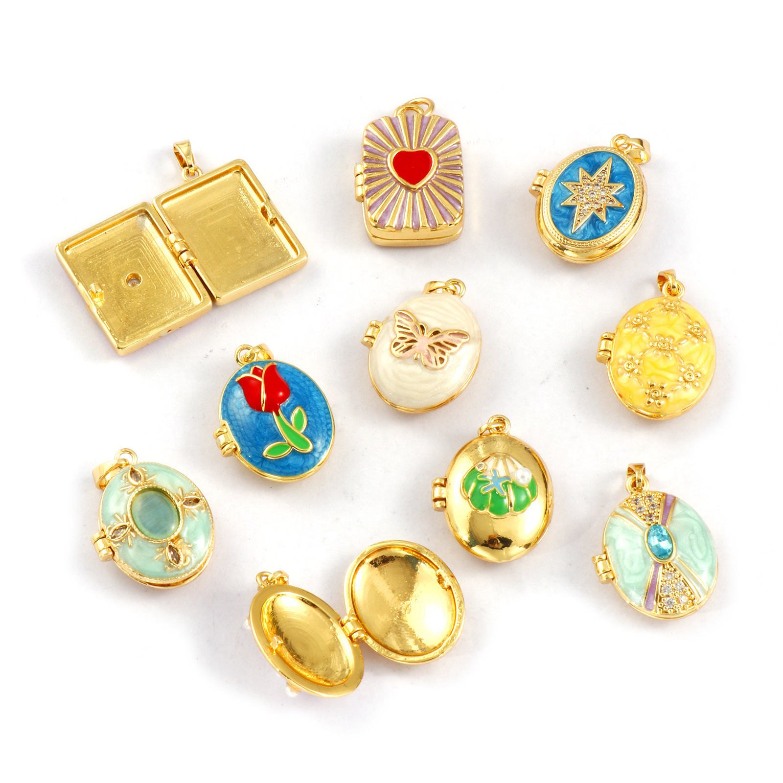 Picture of 2 PCs Brass Picture Photo Locket Frame Pendants 18K Gold Plated Enamel Can Open