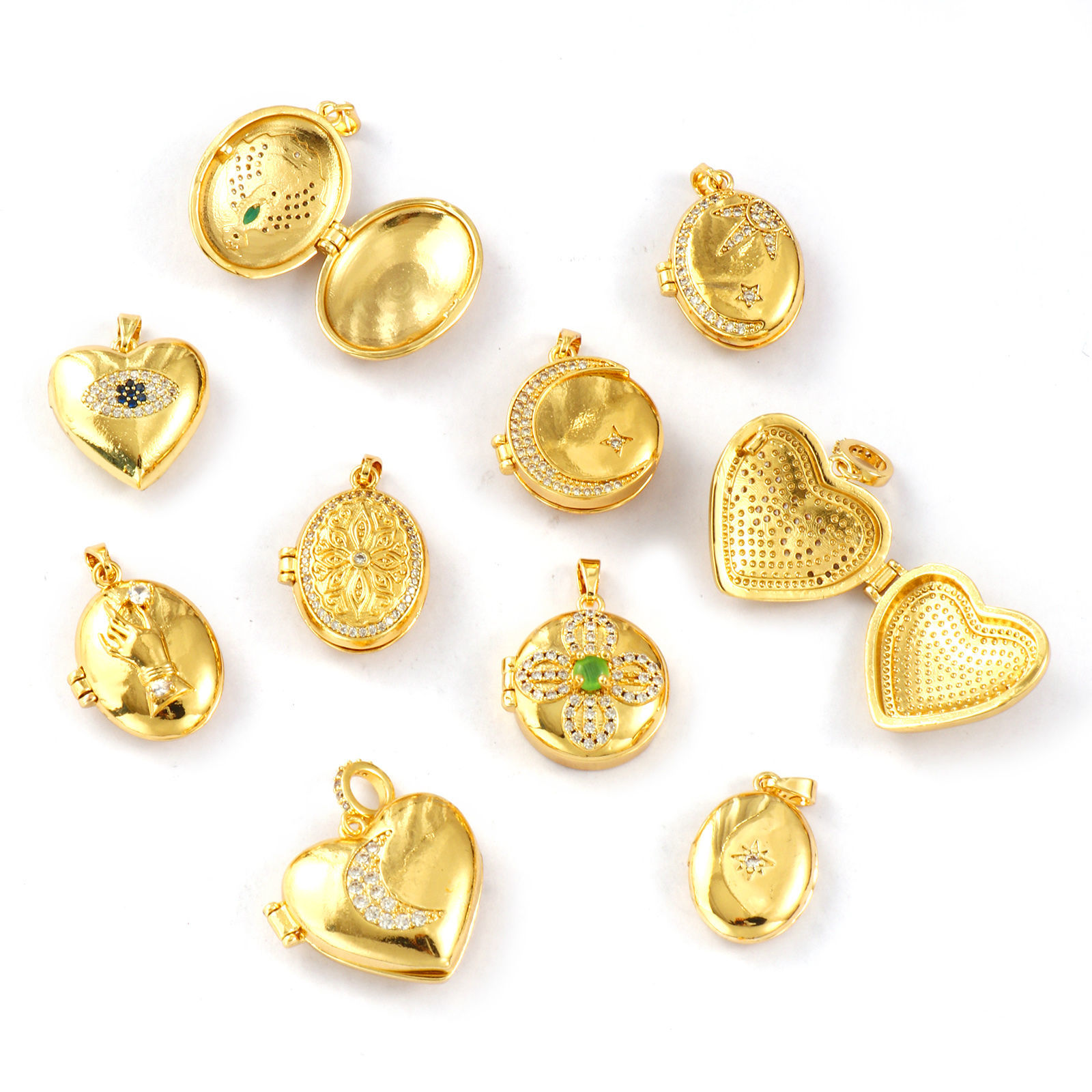 Изображение 2 PCs Brass Picture Photo Locket Frame Pendants 18K Gold Plated Can Open Clear Cubic Zirconia