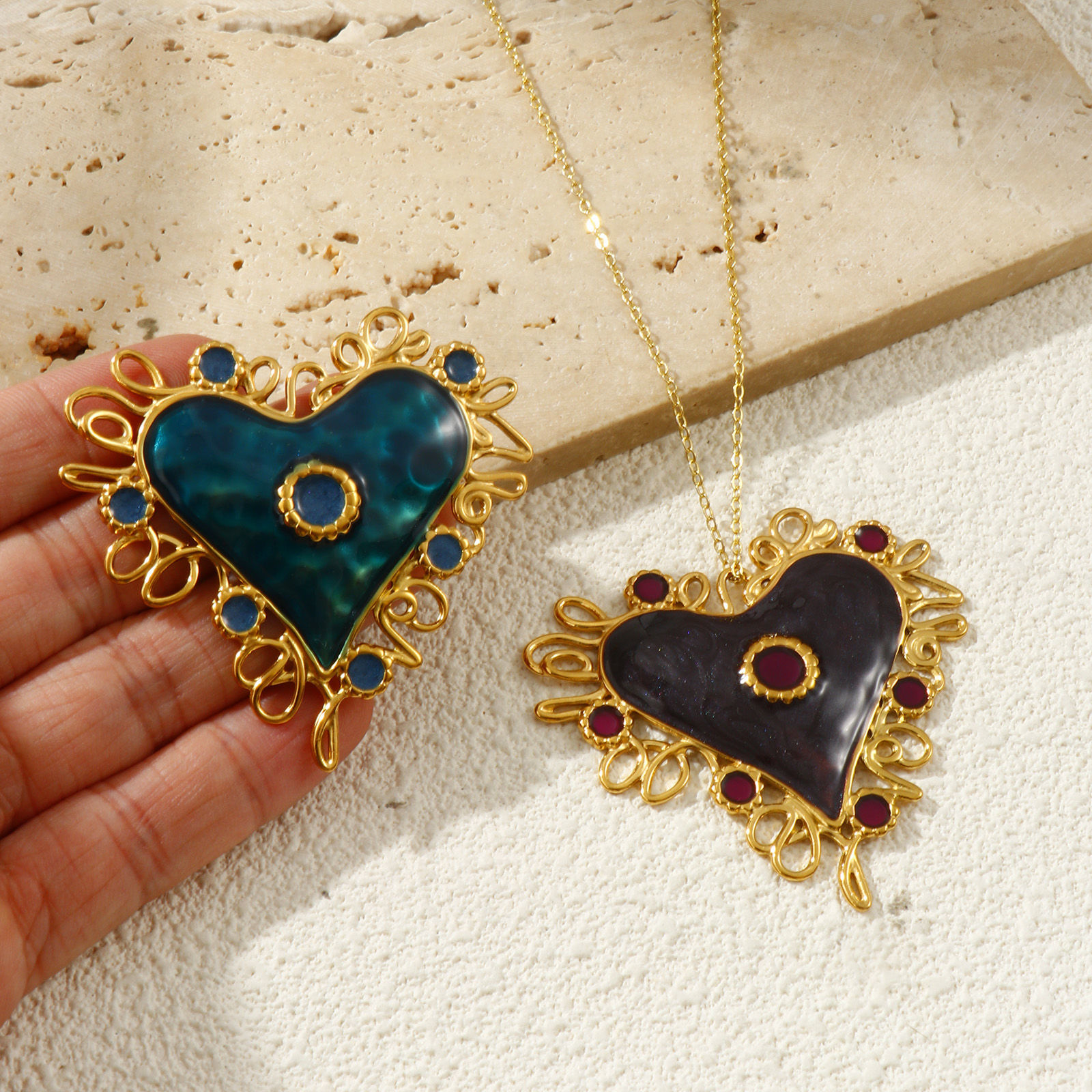 Picture of Eco-friendly PVD Vacuum Plating 304 Stainless Steel Valentine's Day Pendants 18K Real Gold Plated Enamel Hollow 5.6cm x 5.4cm