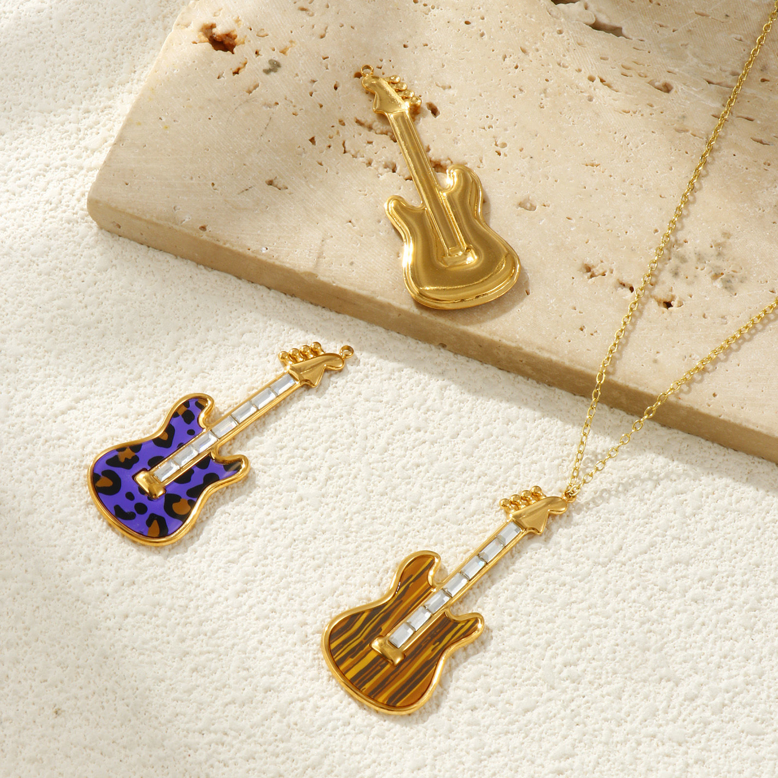 Picture of Eco-friendly PVD Vacuum Plating 304 Stainless Steel & Acrylic Pendants 18K Real Gold Plated Guitar Musical Instrument Clear Rhinestone 5.2cm x 2cm