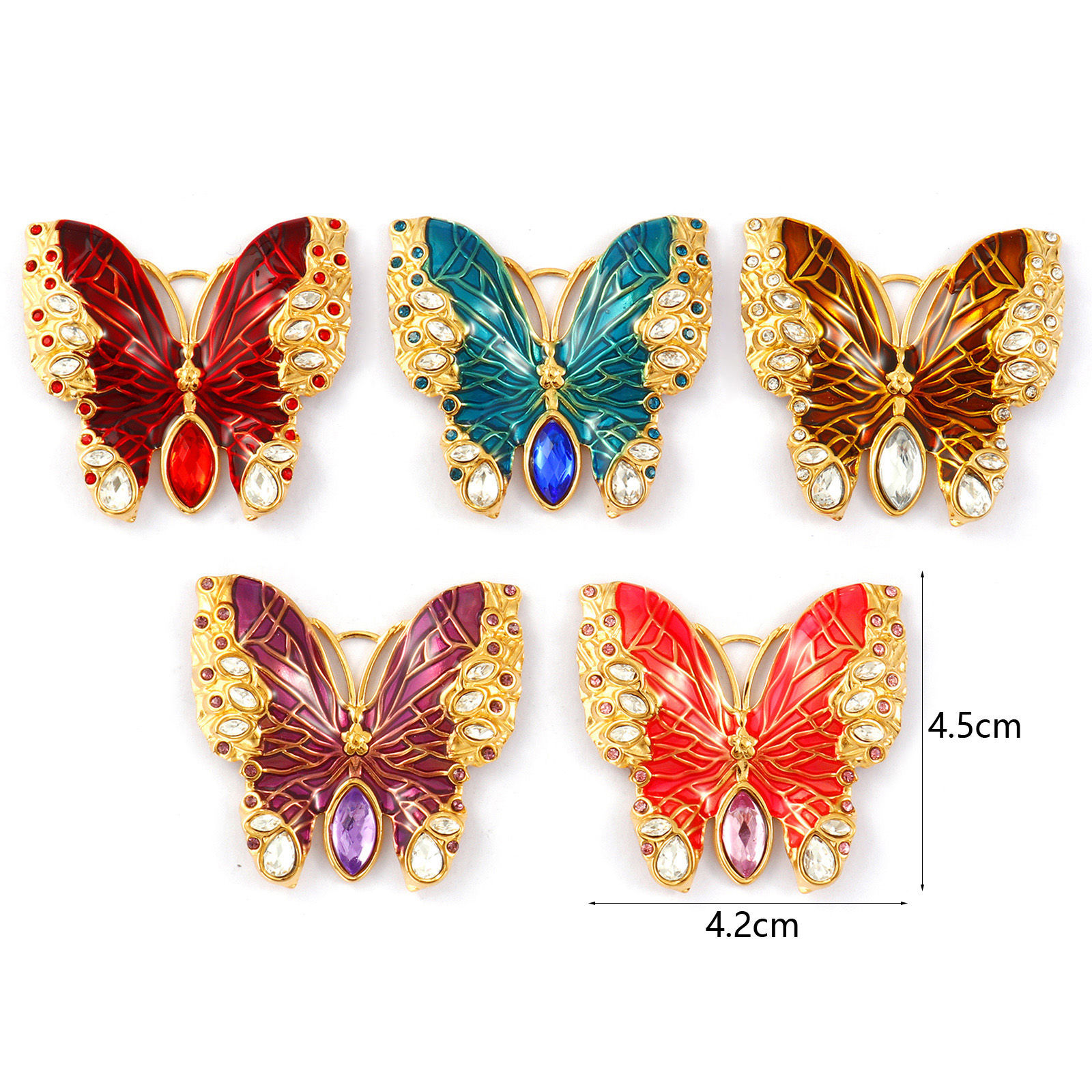 Immagine di 1 Pz Placcatura Sottovuoto PVD Ecologica 304 Acciaio Inossidabile & Strass Insetto Ciondoli Pendenti 18K Vero Oro Placcato Smalto Farfalla 4.5cm x 4.2cm