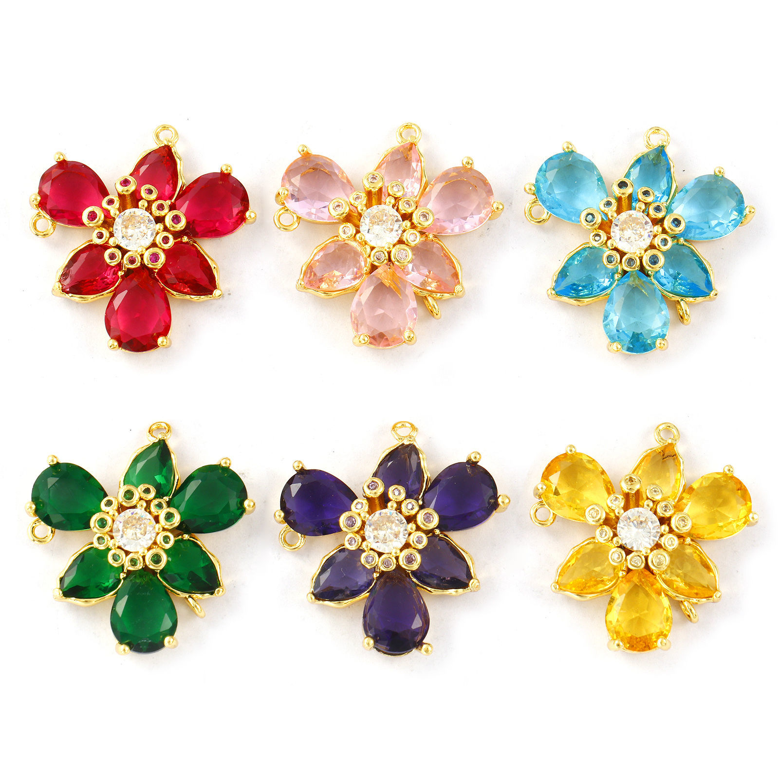 Picture of Brass & Glass Stylish Connectors Charms Pendants 18K Gold Plated Flower Clear Cubic Zirconia 23mm x 23mm