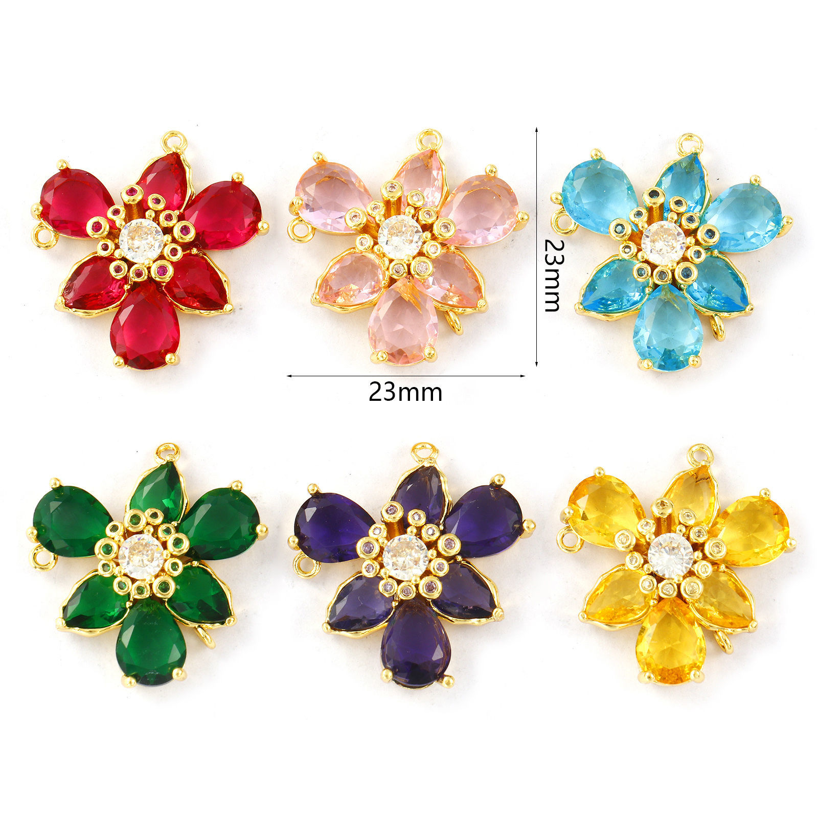 Picture of Brass & Glass Stylish Connectors Charms Pendants 18K Gold Plated Flower Clear Cubic Zirconia 23mm x 23mm