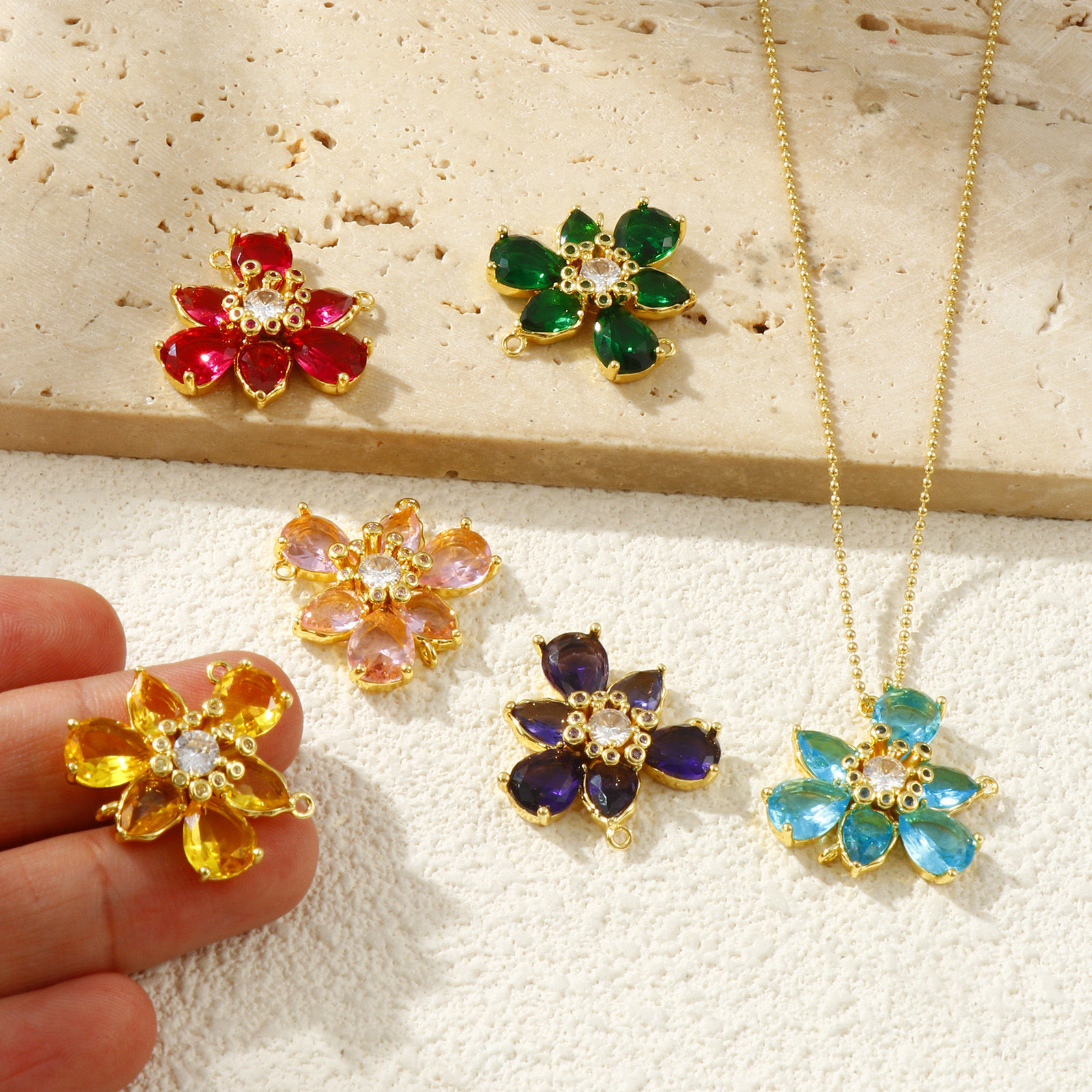 Picture of Brass & Glass Stylish Connectors Charms Pendants 18K Gold Plated Flower Clear Cubic Zirconia 23mm x 23mm