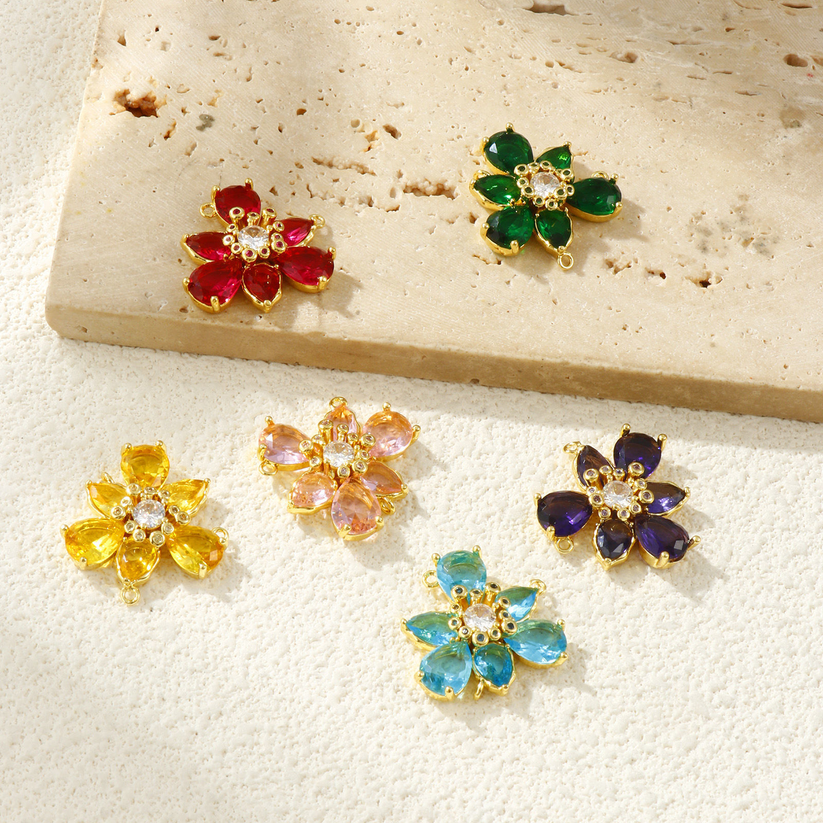 Picture of Brass & Glass Stylish Connectors Charms Pendants 18K Gold Plated Flower Clear Cubic Zirconia 23mm x 23mm