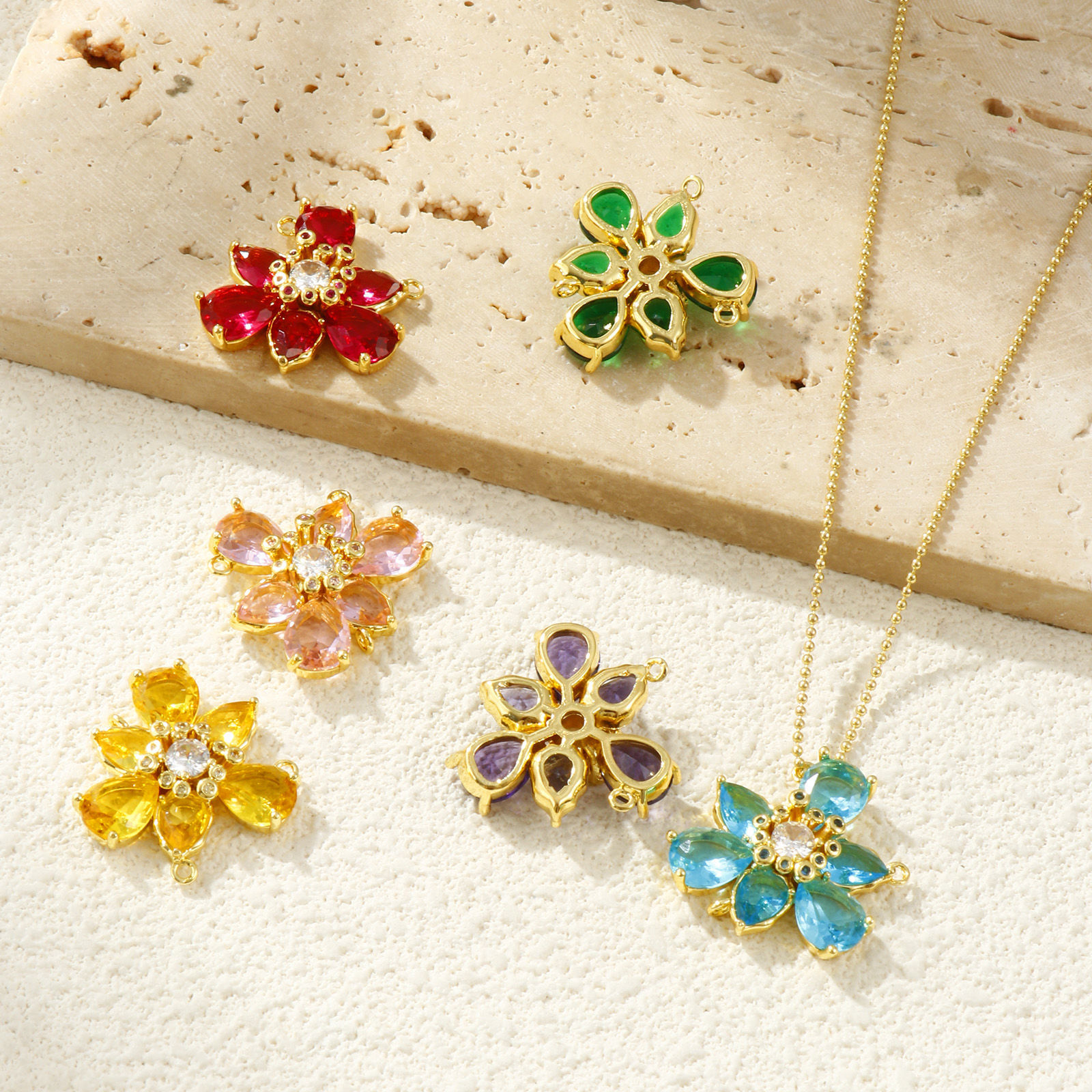 Picture of Brass & Glass Stylish Connectors Charms Pendants 18K Gold Plated Flower Clear Cubic Zirconia 23mm x 23mm
