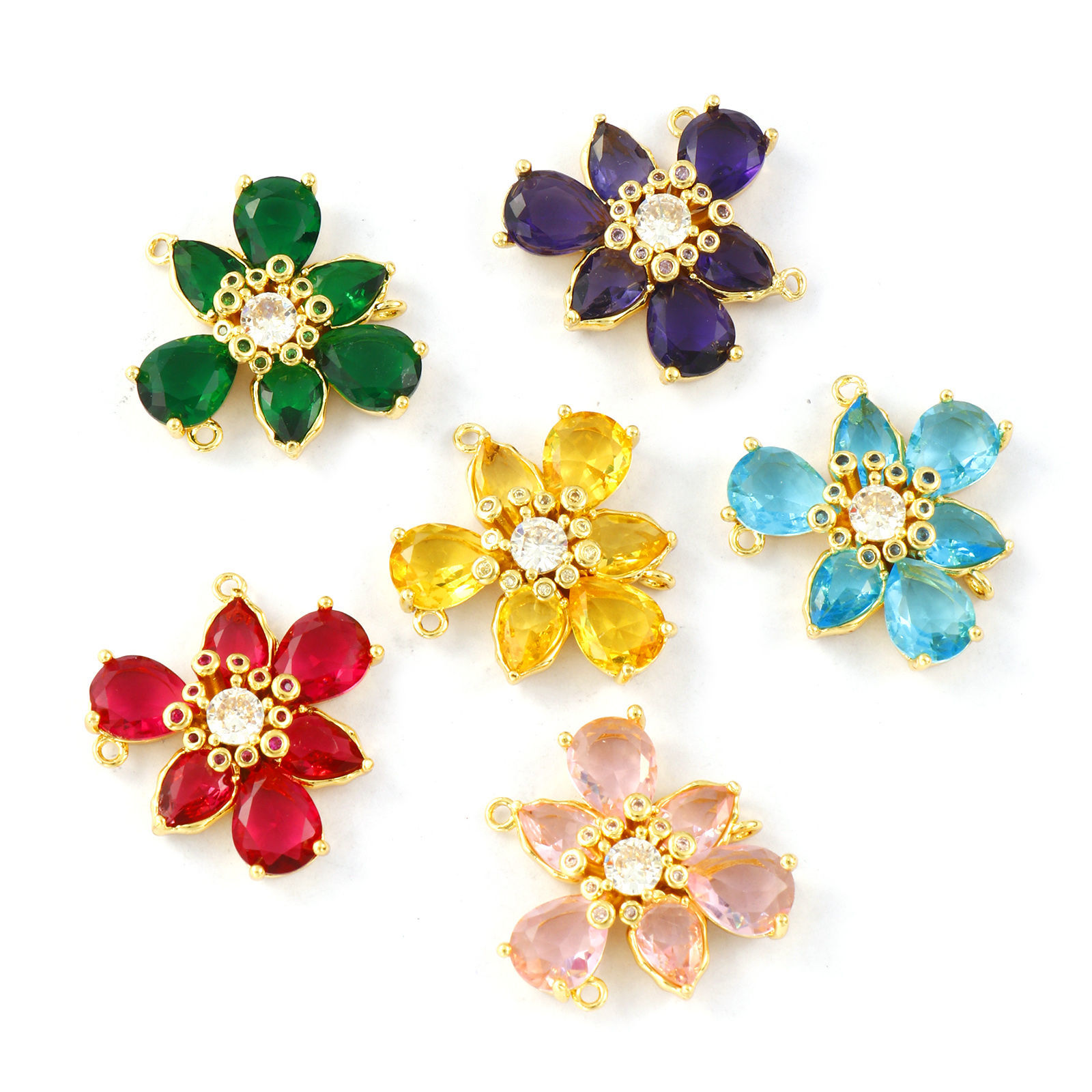 Picture of Brass & Glass Stylish Connectors Charms Pendants 18K Gold Plated Flower Clear Cubic Zirconia 23mm x 23mm