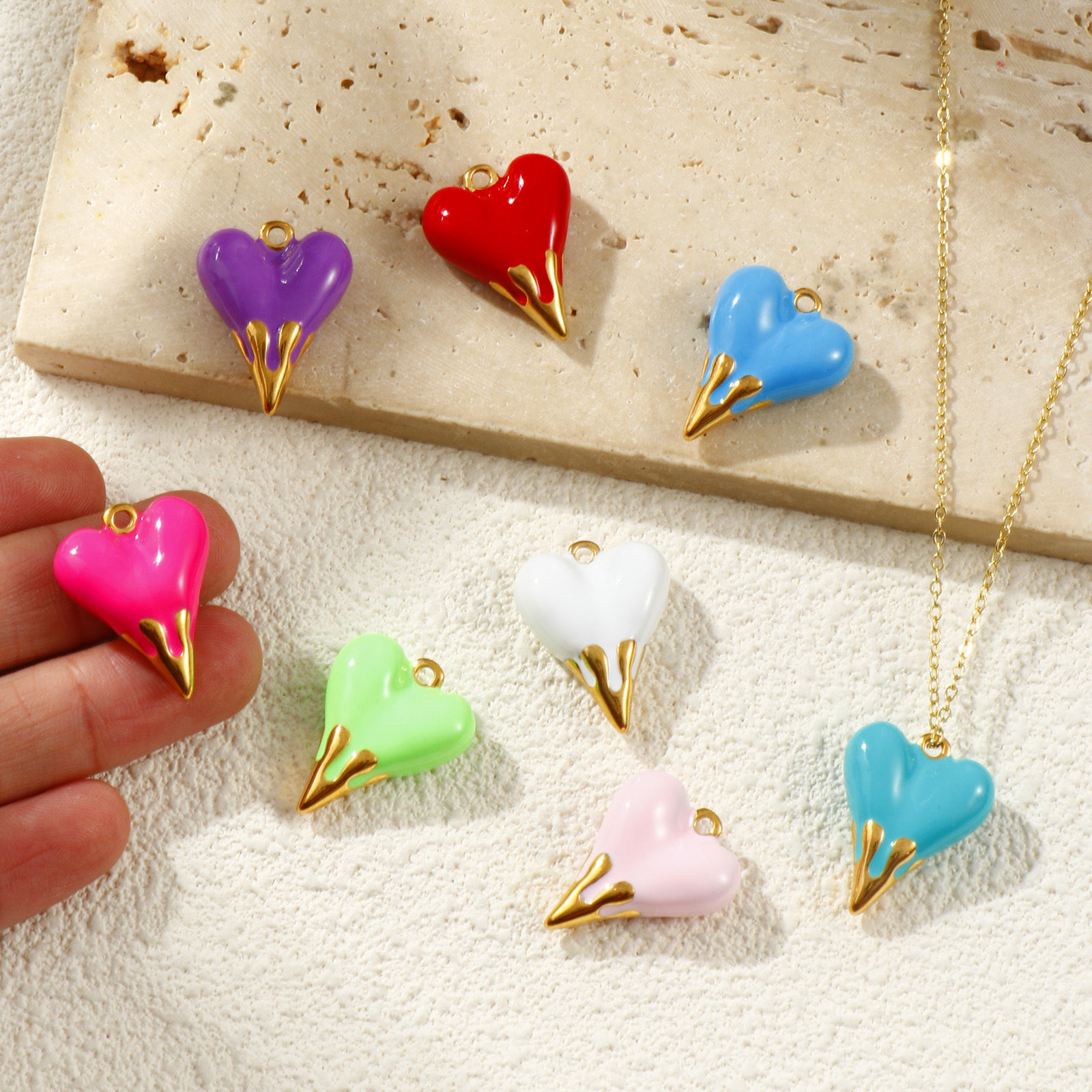Picture of 1 Piece Eco-friendly PVD Vacuum Plating Waterproof Anti-Tarnish Hypoallergenic 304 Stainless Steel Valentine's Day Charms 18K Real Gold Plated Enamel Heart 3D 24mm x 19mm