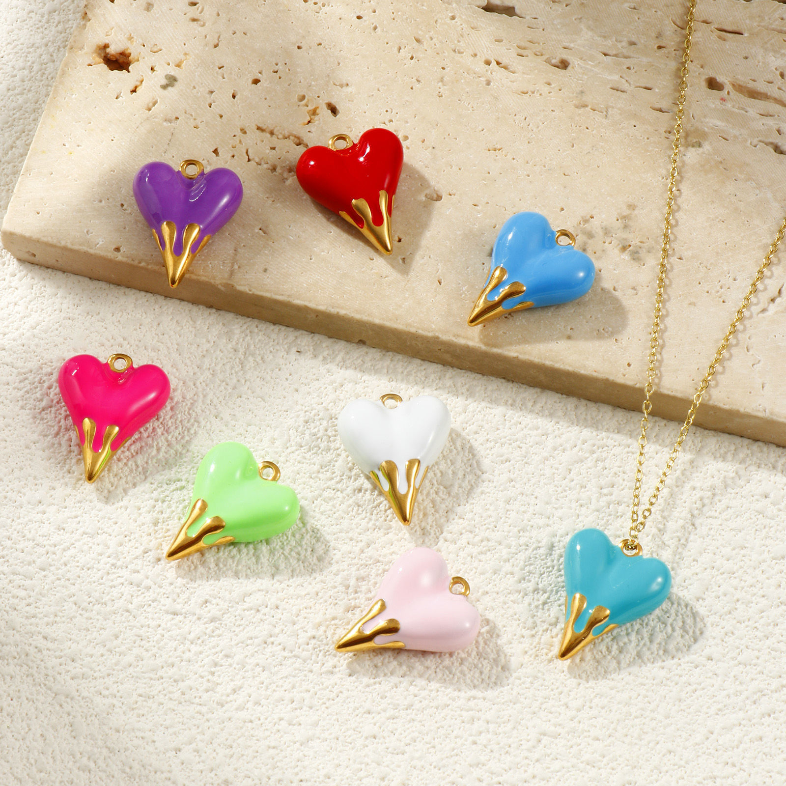 Picture of 1 Piece Eco-friendly PVD Vacuum Plating Waterproof Anti-Tarnish Hypoallergenic 304 Stainless Steel Valentine's Day Charms 18K Real Gold Plated Enamel Heart 3D 24mm x 19mm