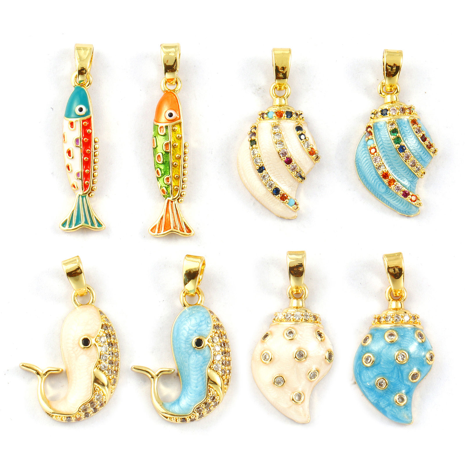 Picture of 2 PCs Eco-friendly Brass Ocean Jewelry Charm Pendant 18K Real Gold Plated Enamel Pearlized