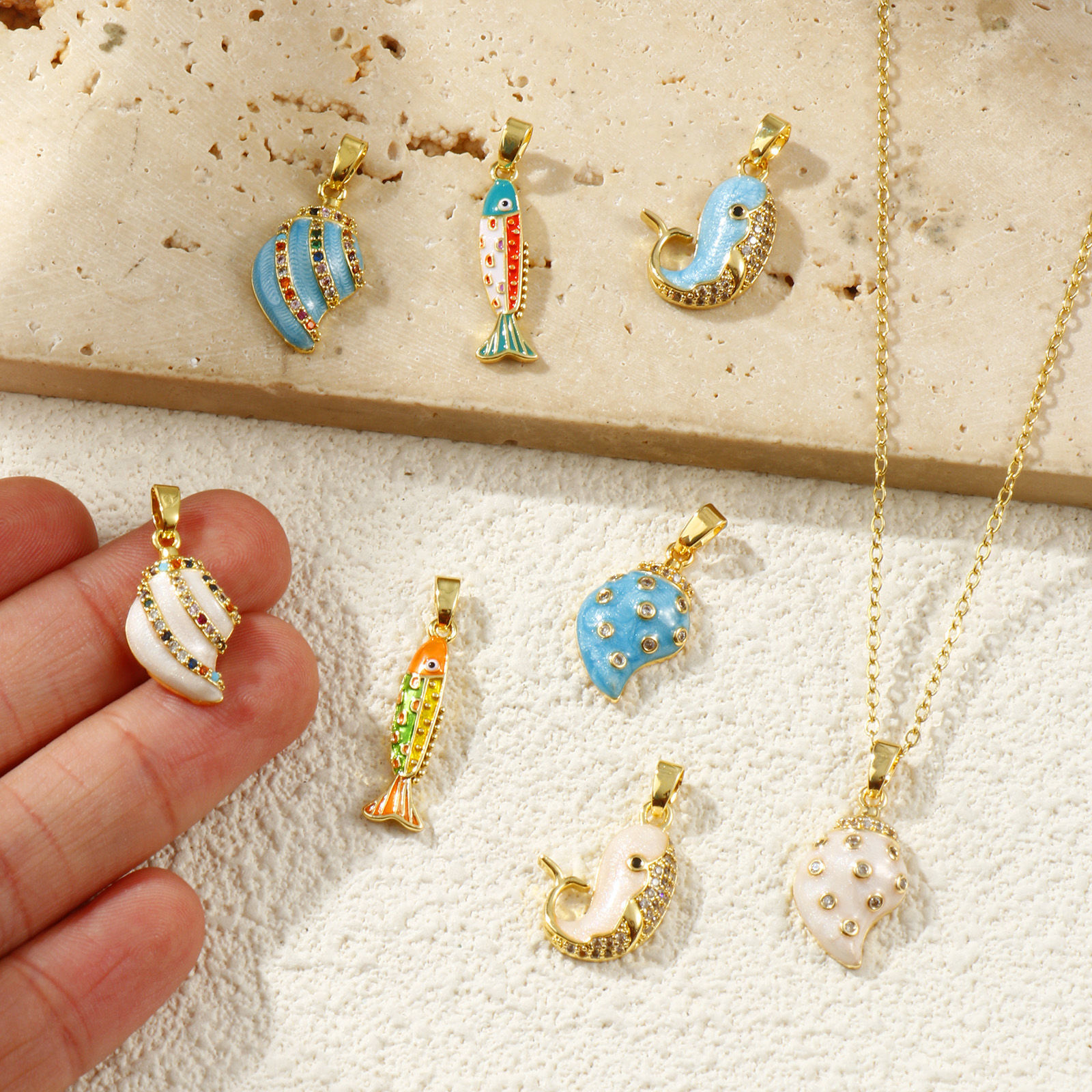 Picture of 2 PCs Eco-friendly Brass Ocean Jewelry Charm Pendant 18K Real Gold Plated Enamel Pearlized