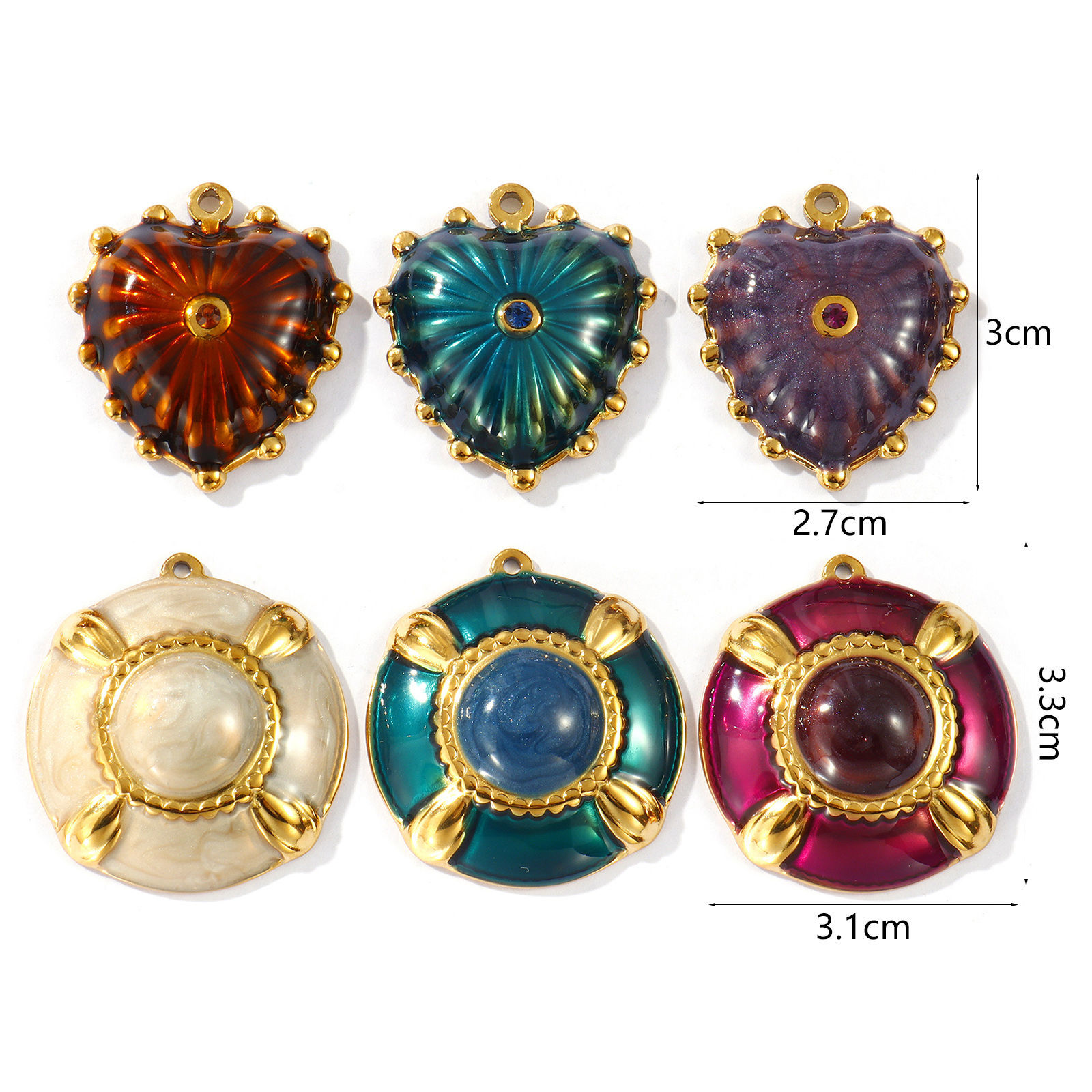 Picture of 2 PCs Eco-friendly PVD Vacuum Plating Waterproof Anti-Tarnish Hypoallergenic 304 Stainless Steel Charms 18K Real Gold Plated Enamel Round Disc Heart