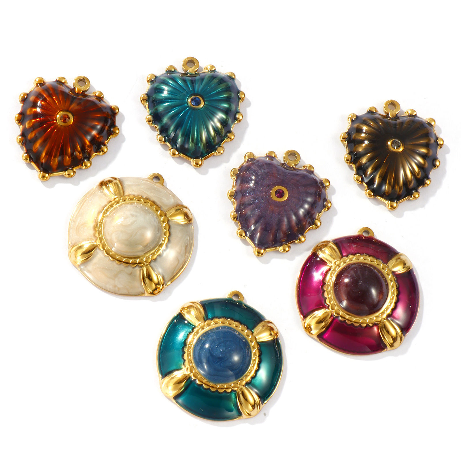 Picture of 2 PCs Eco-friendly PVD Vacuum Plating Waterproof Anti-Tarnish Hypoallergenic 304 Stainless Steel Charms 18K Real Gold Plated Enamel Round Disc Heart