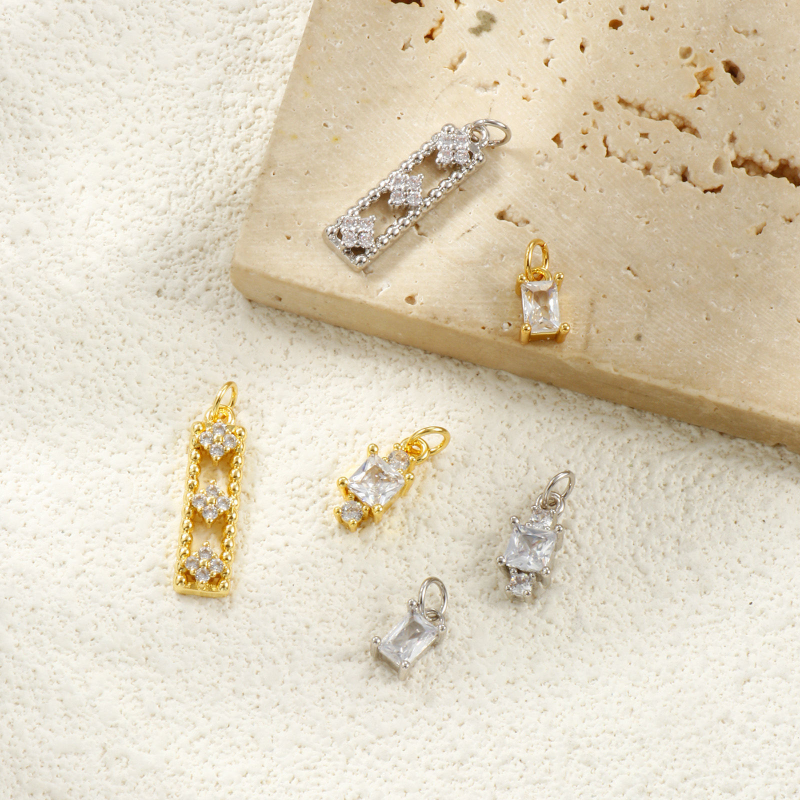 Picture of Eco-friendly Brass & Cubic Zirconia Charms Real Gold Plated Rectangle