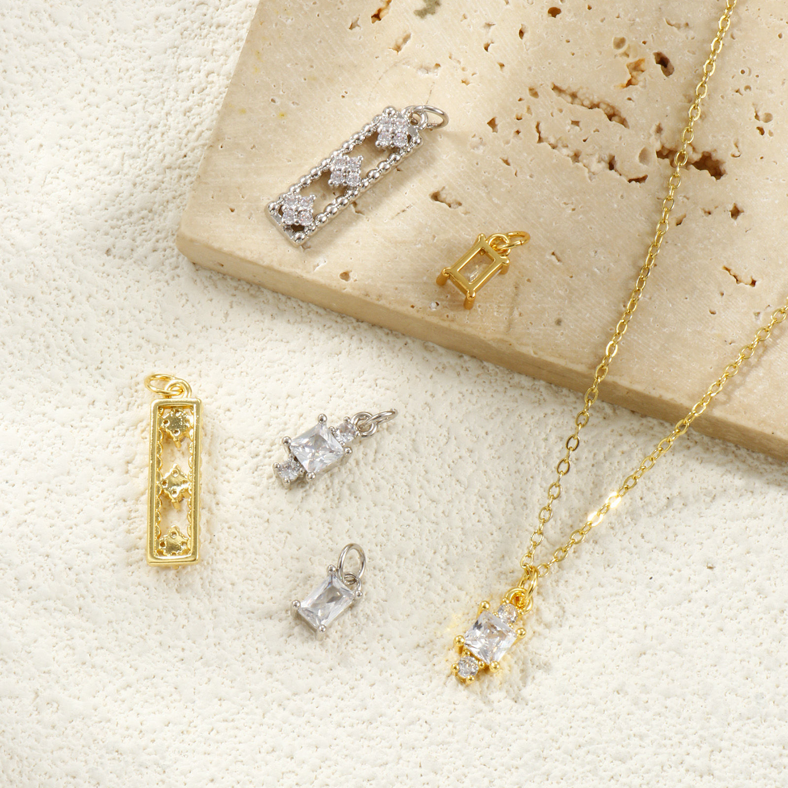 Picture of Eco-friendly Brass & Cubic Zirconia Charms Real Gold Plated Rectangle