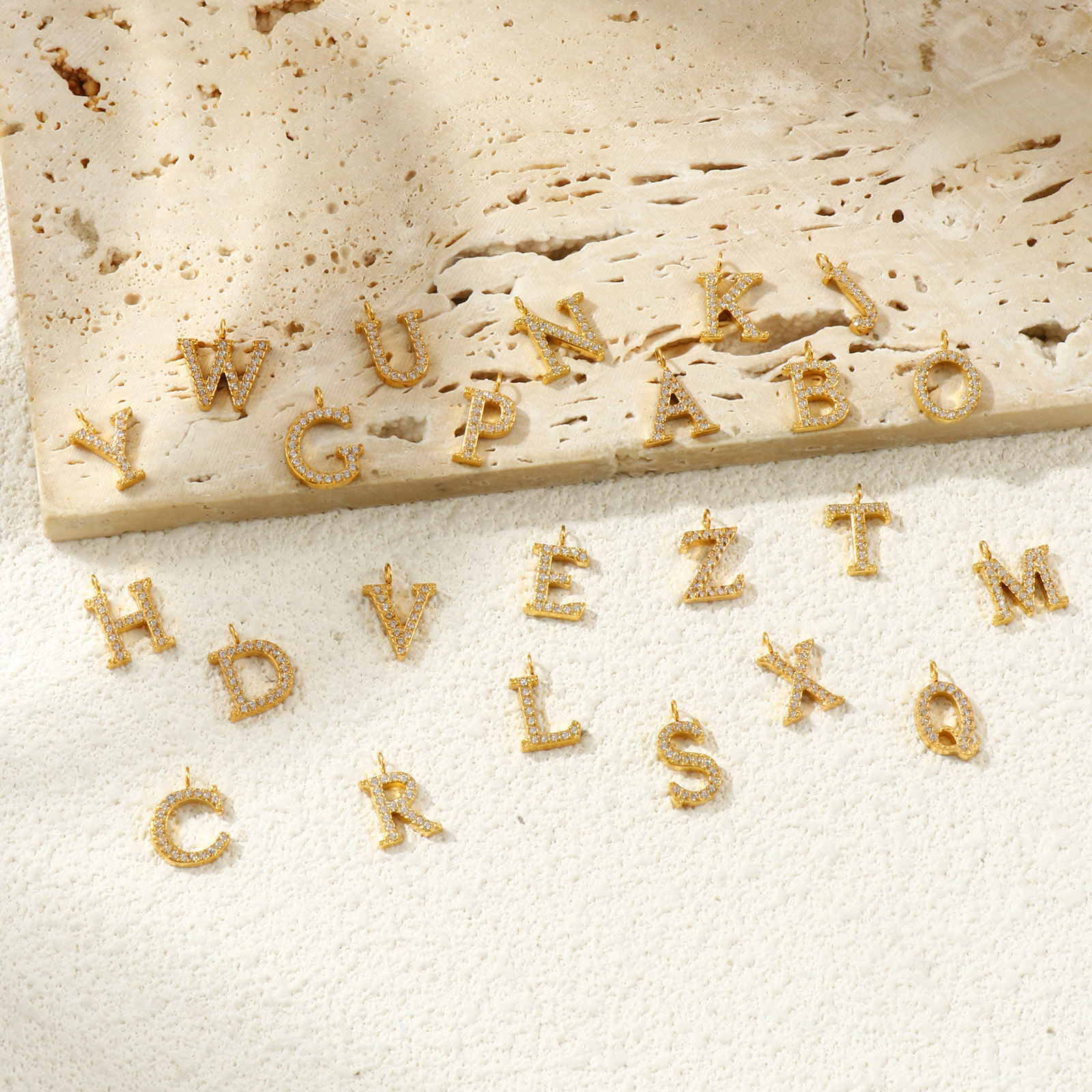 Picture of 2 PCs Eco-friendly PVD Vacuum Plating 316 Stainless Steel Capital Alphabet Initial Letter Name Charms 18K Gold Plated Message " A-Z " Micro Pave Clear Rhinestone