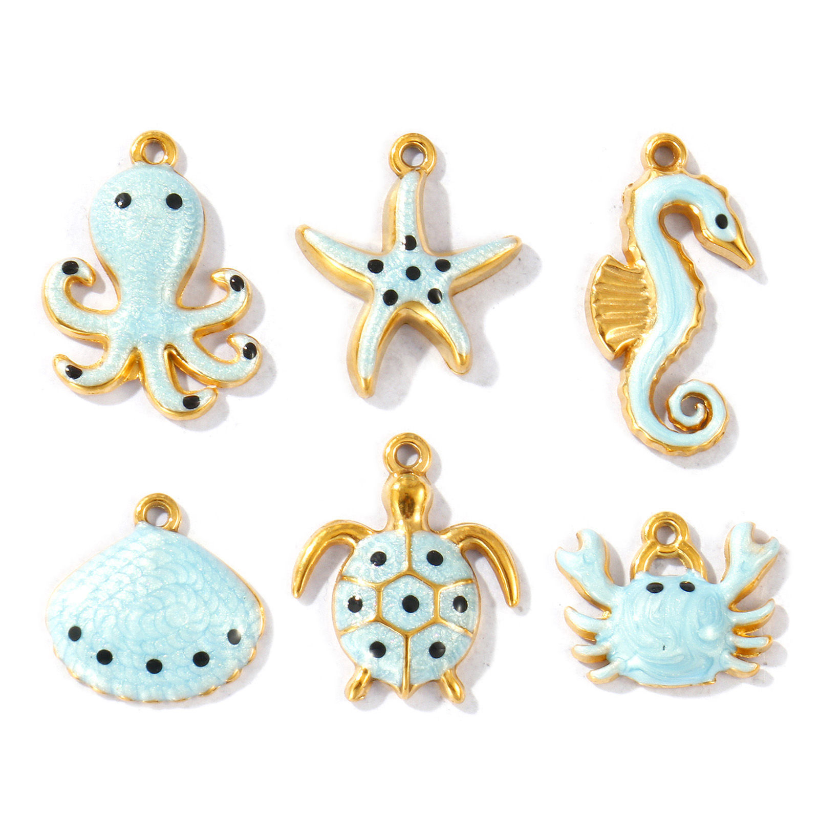 Изображение 5 ШТ Экологичное вакуумное PVD-покрытие Водонепроницаемый Антиоксидантный Гипоаллергенный 304 Нержавеющая Сталь Подвески 18K настоящее золото с покрытием Светло-синий С Эмалью Перлитный