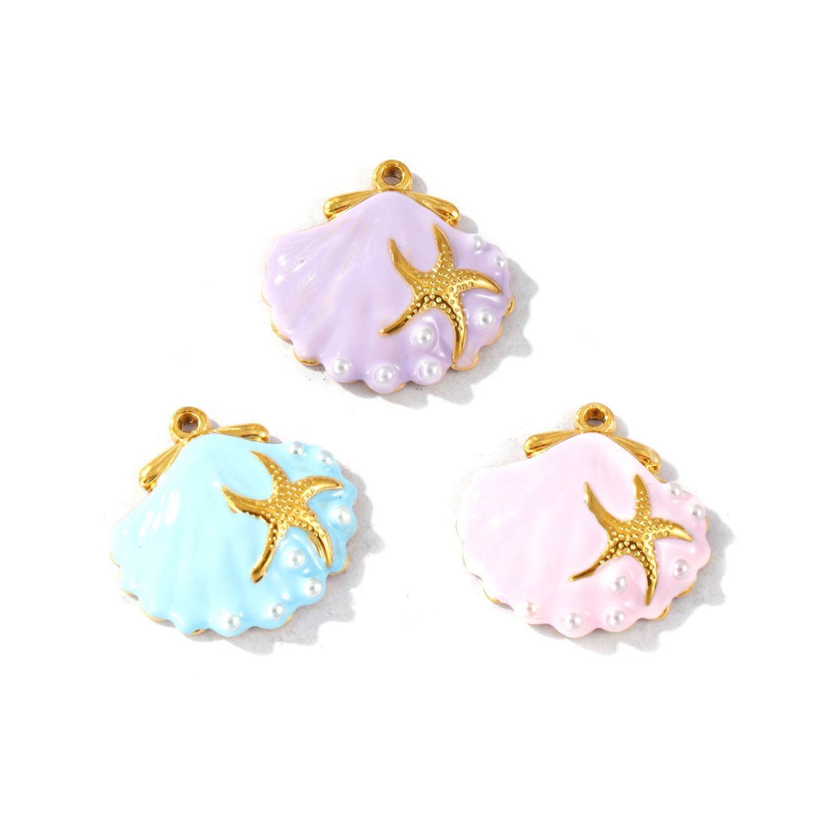 Изображение 2 ШТ Экологичное PVD Водонепроницаемый Антиоксидантный Гипоаллергенный 304 Нержавеющая Сталь Морские Украшения Подвески Оптовая 18K настоящее золото с покрытием Разноцветный С Эмалью Перламутр С Исскуственными Жемчугами 21мм x 20мм