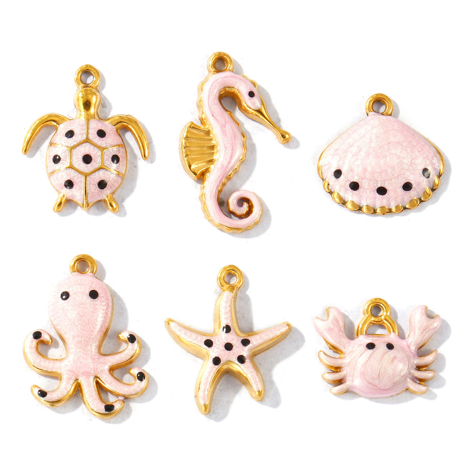 Picture of 5 PCs Eco-friendly PVD Waterproof Anti-Tarnish Hypoallergenic 304 Stainless Steel Ocean Jewelry Charms Wholesale 18K Real Gold Plated Pink Enamel Marine Animal Pearlized