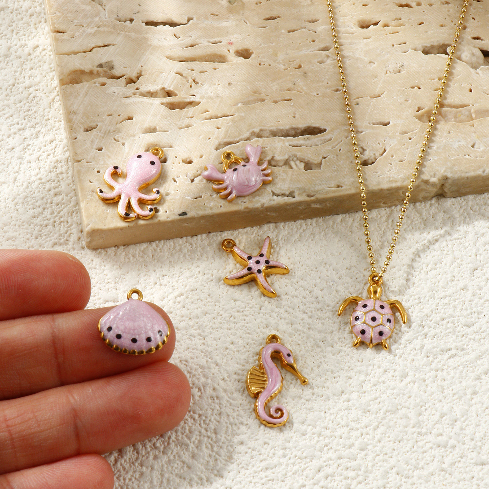 Picture of 5 PCs Eco-friendly PVD Waterproof Anti-Tarnish Hypoallergenic 304 Stainless Steel Ocean Jewelry Charms Wholesale 18K Real Gold Plated Pink Enamel Marine Animal Pearlized