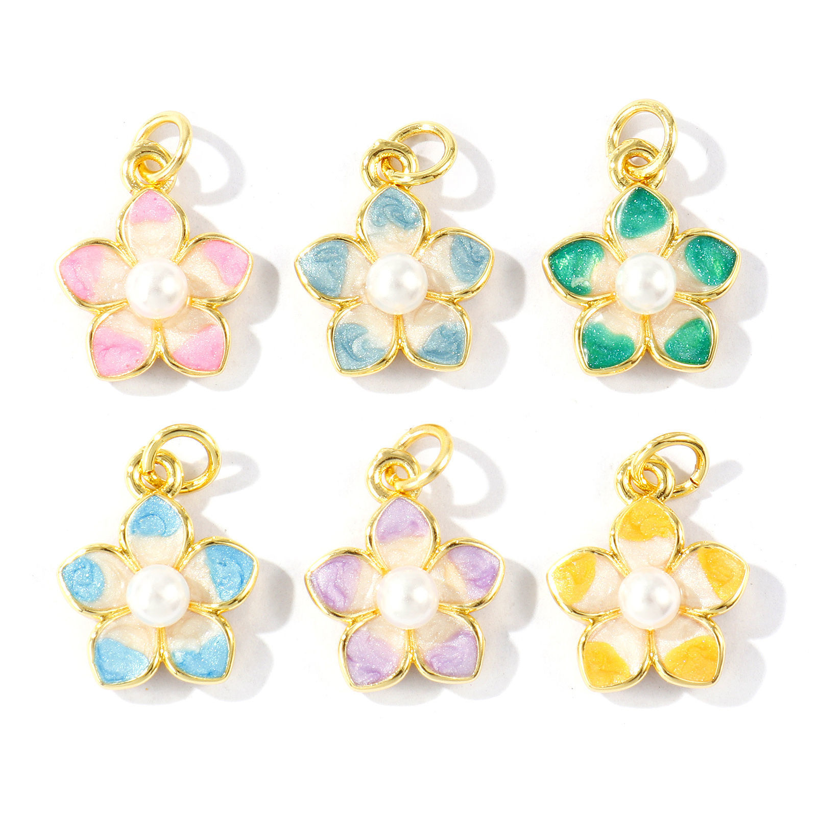 Picture of Eco-friendly Brass Charms Wholesale 18K Real Gold Plated Enamel Flower Acrylic Imitation Pearl 18mm x 13mm