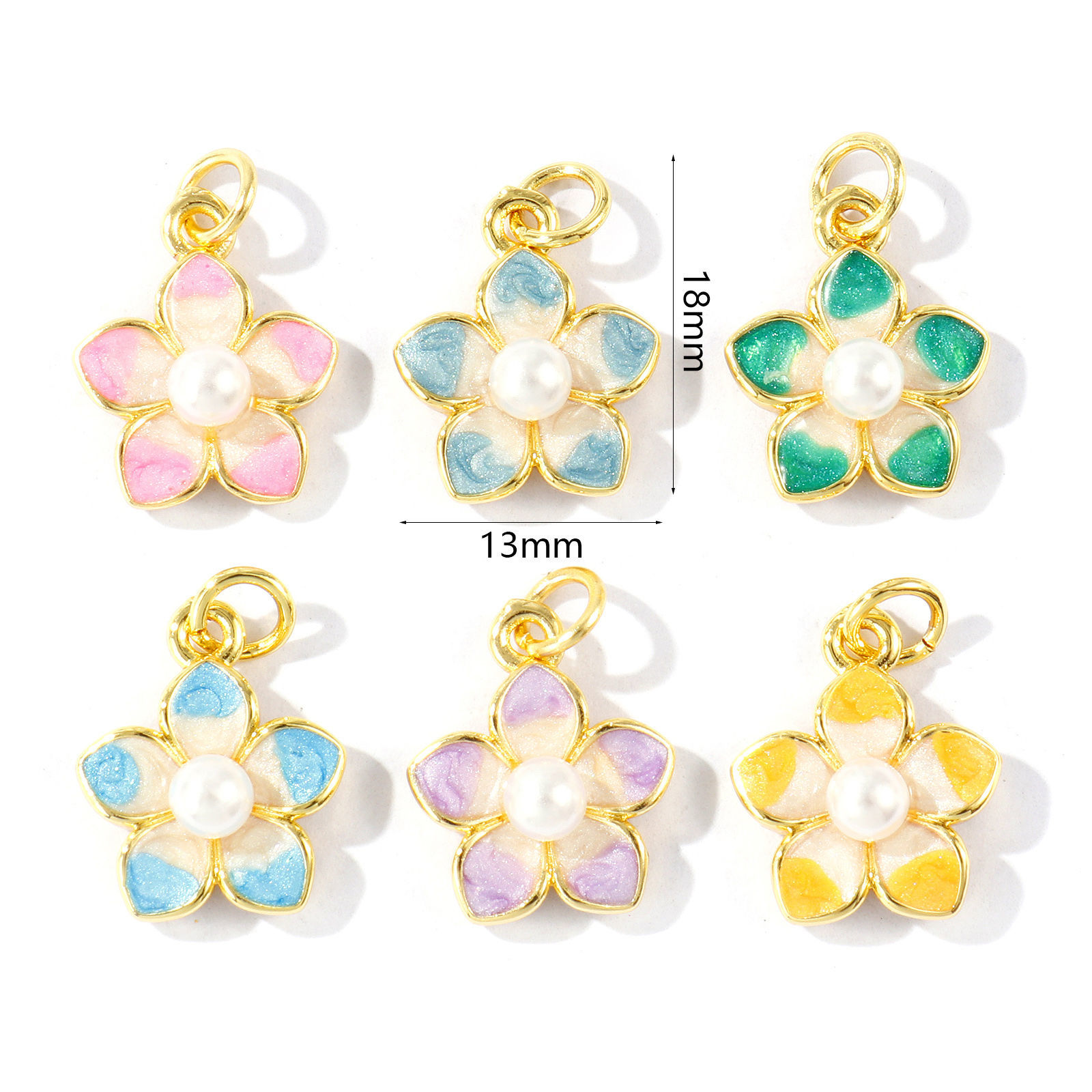 Picture of Eco-friendly Brass Charms Wholesale 18K Real Gold Plated Enamel Flower Acrylic Imitation Pearl 18mm x 13mm