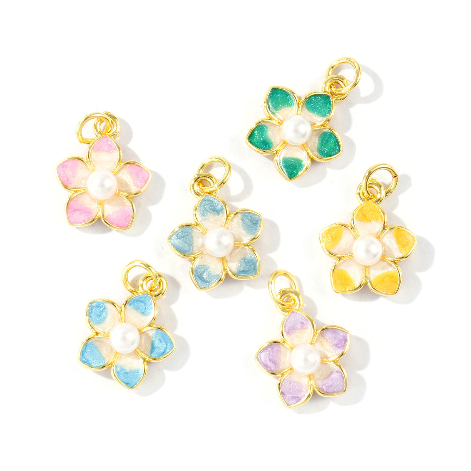 Picture of Eco-friendly Brass Charms Wholesale 18K Real Gold Plated Enamel Flower Acrylic Imitation Pearl 18mm x 13mm