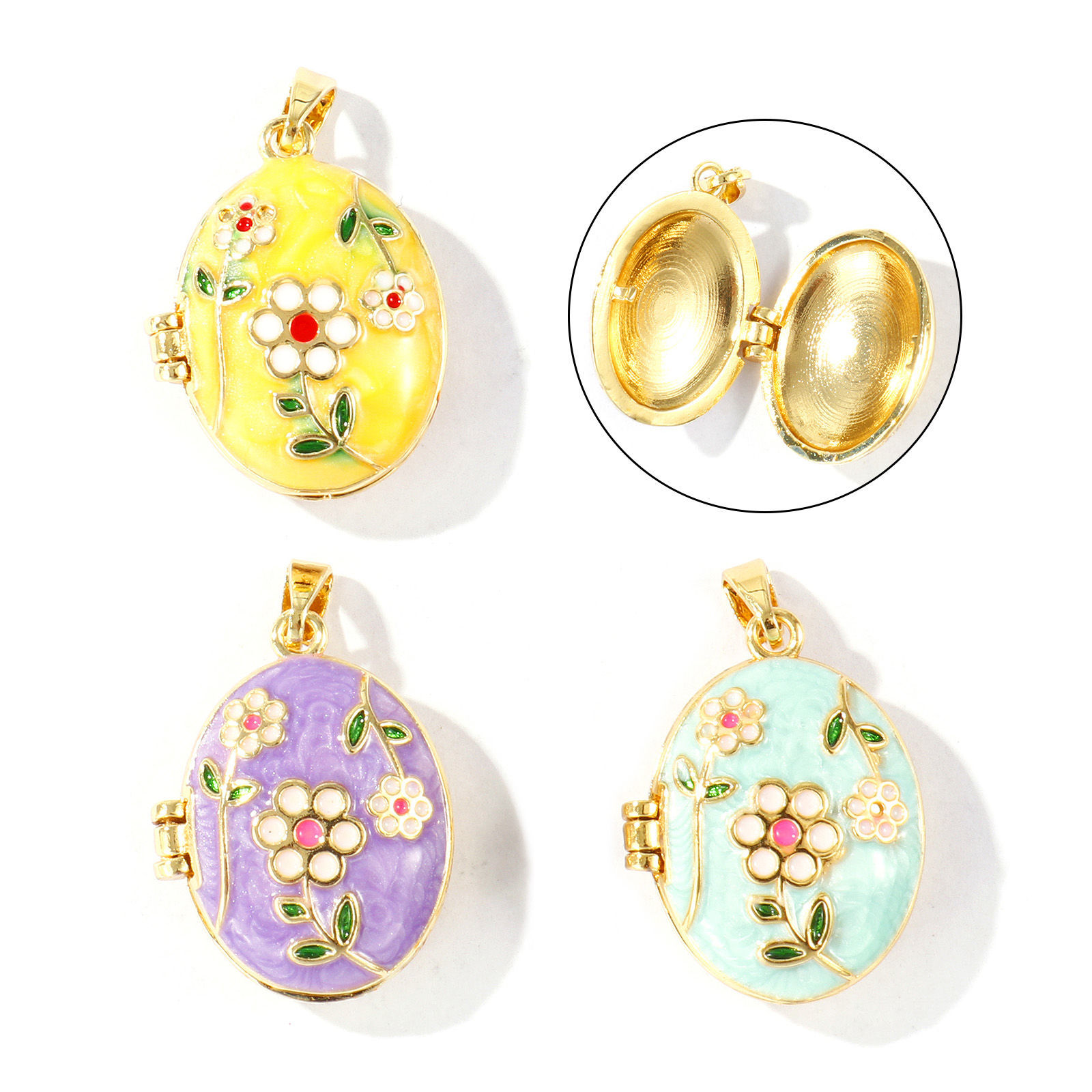 Picture of Brass Picture Photo Locket Frame Pendants Wholesale 18K Gold Plated Enamel Oval Flower Can Open 27mm x 17mm