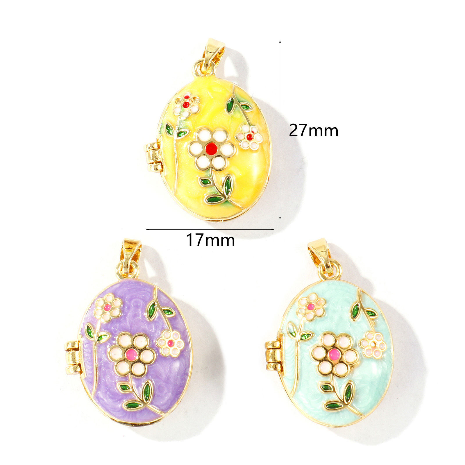 Picture of Brass Picture Photo Locket Frame Pendants Wholesale 18K Gold Plated Enamel Oval Flower Can Open 27mm x 17mm