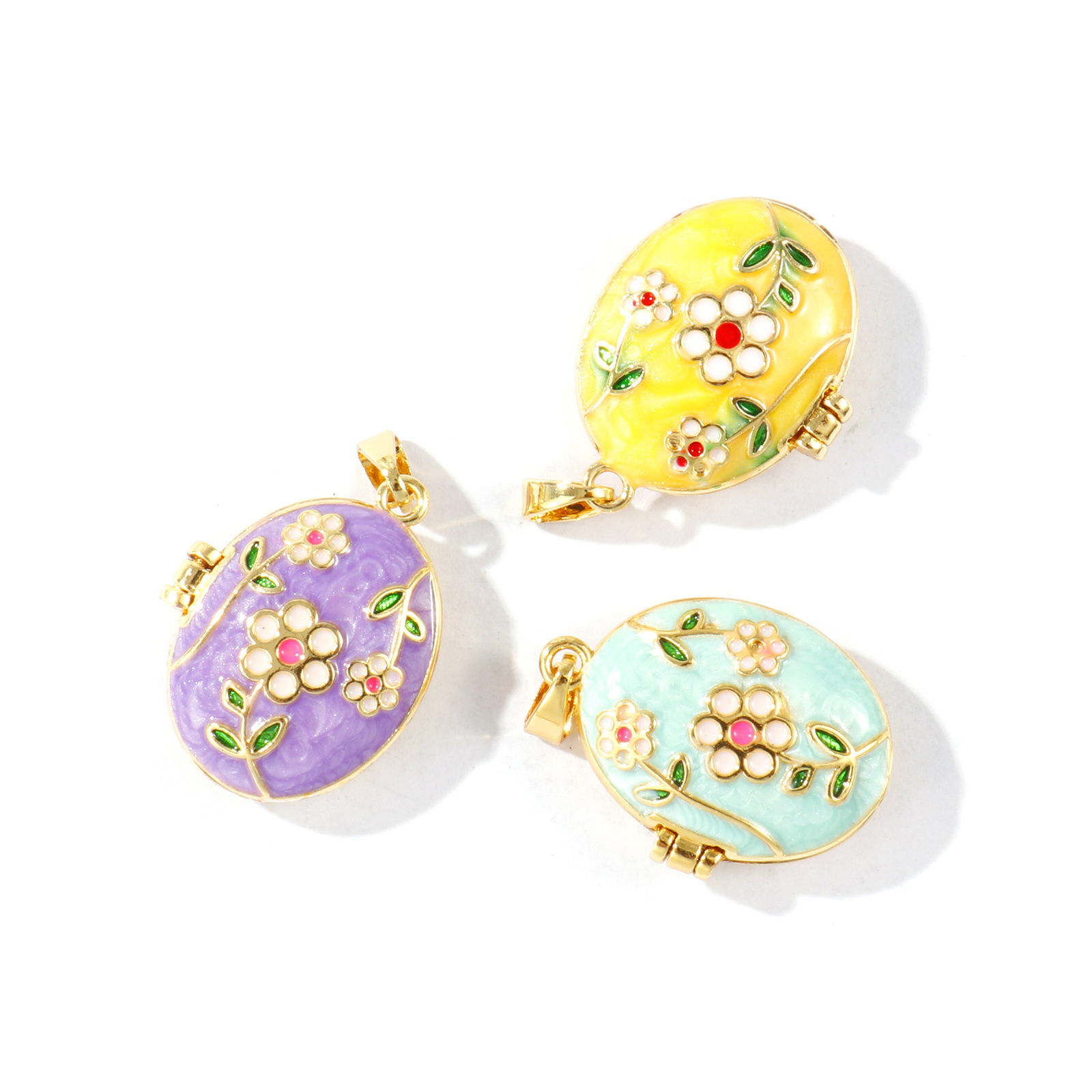 Picture of Brass Picture Photo Locket Frame Pendants Wholesale 18K Gold Plated Enamel Oval Flower Can Open 27mm x 17mm