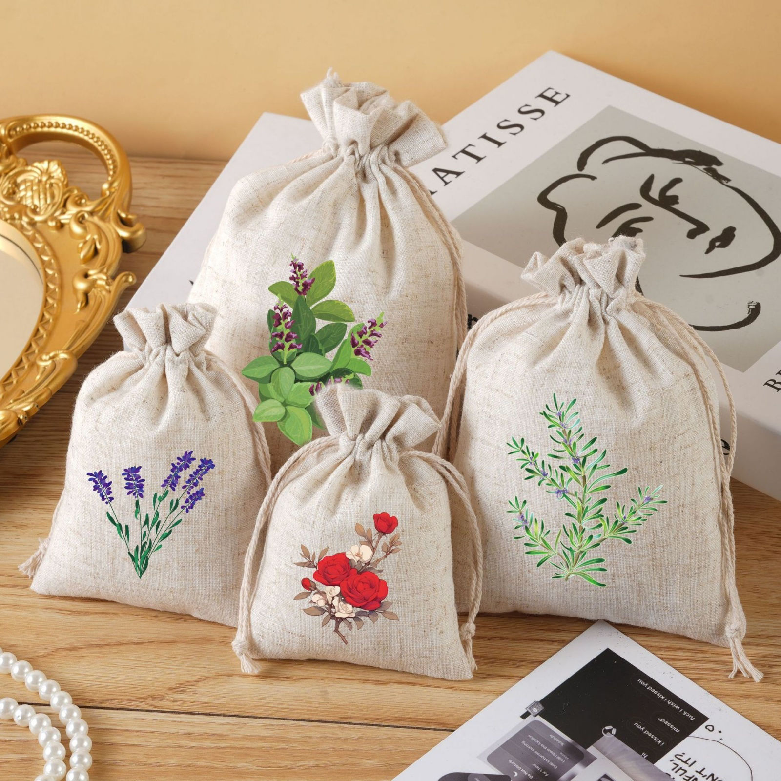 Picture of Cotton Drawstring Storage Bags White Rectangle Printed