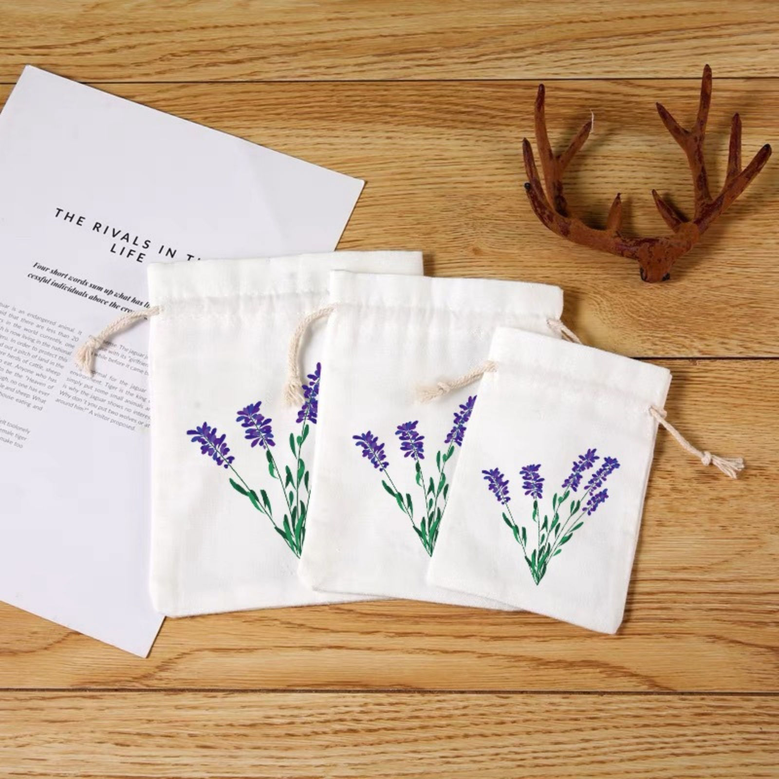 Picture of Cotton Drawstring Storage Bags White Rectangle Printed