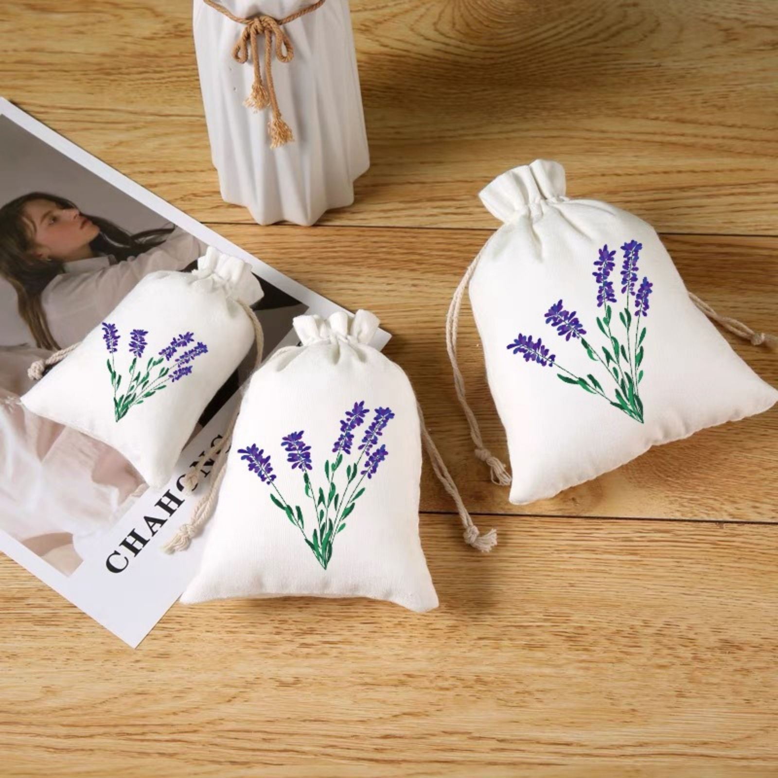 Picture of Cotton Drawstring Storage Bags White Rectangle Printed