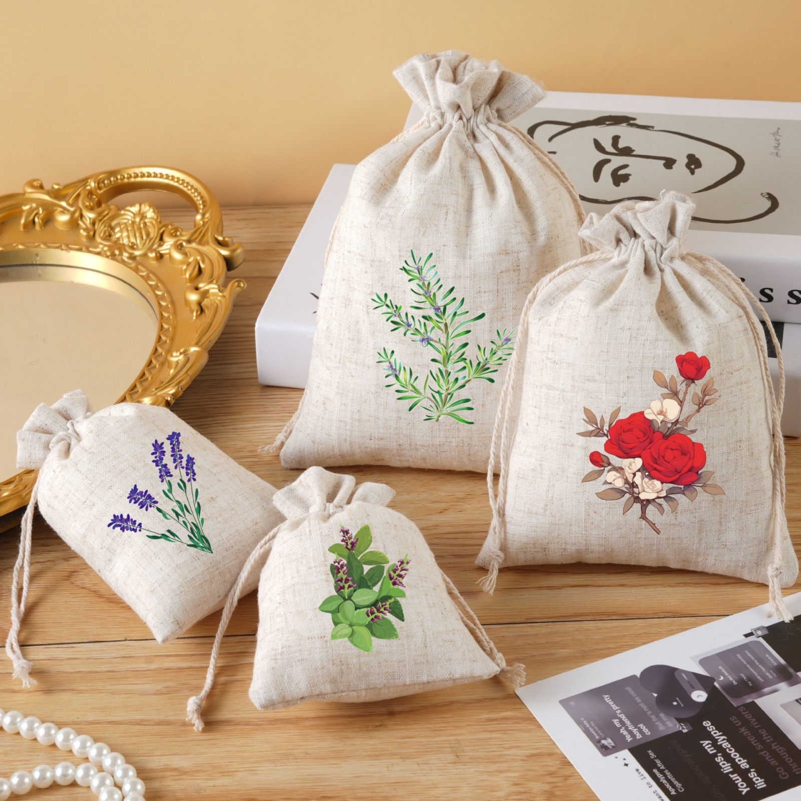 Picture of Cotton Drawstring Storage Bags White Rectangle Printed