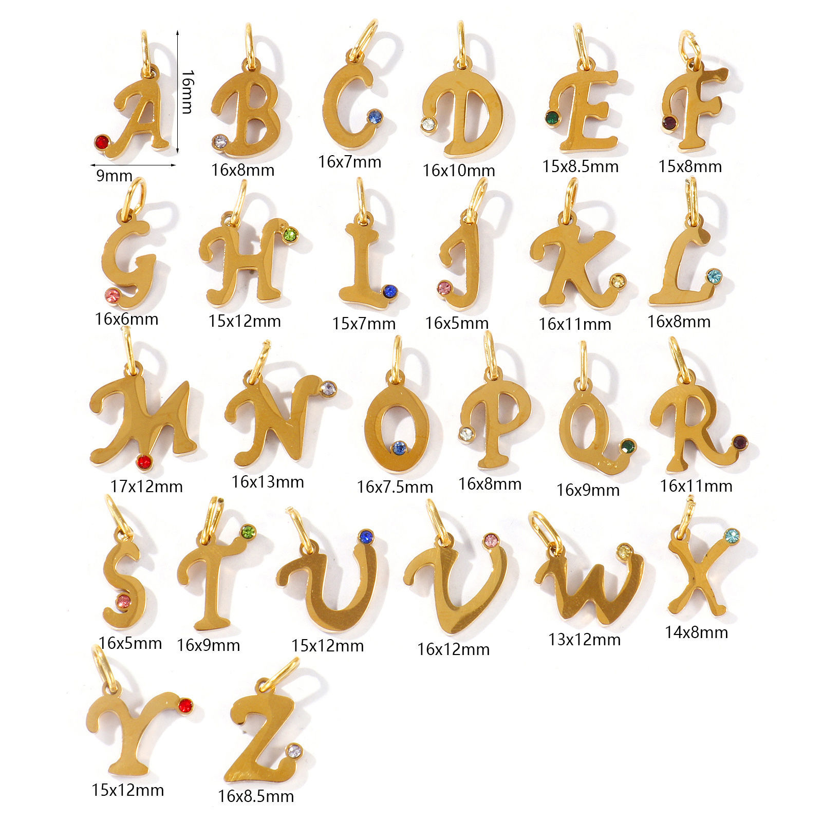 Picture of Eco-friendly PVD 304 Stainless Steel Capital Alphabet Initial Letter Name Charms Wholesale 18K Real Gold Plated Message " A-Z " Mini Multicolor Rhinestone