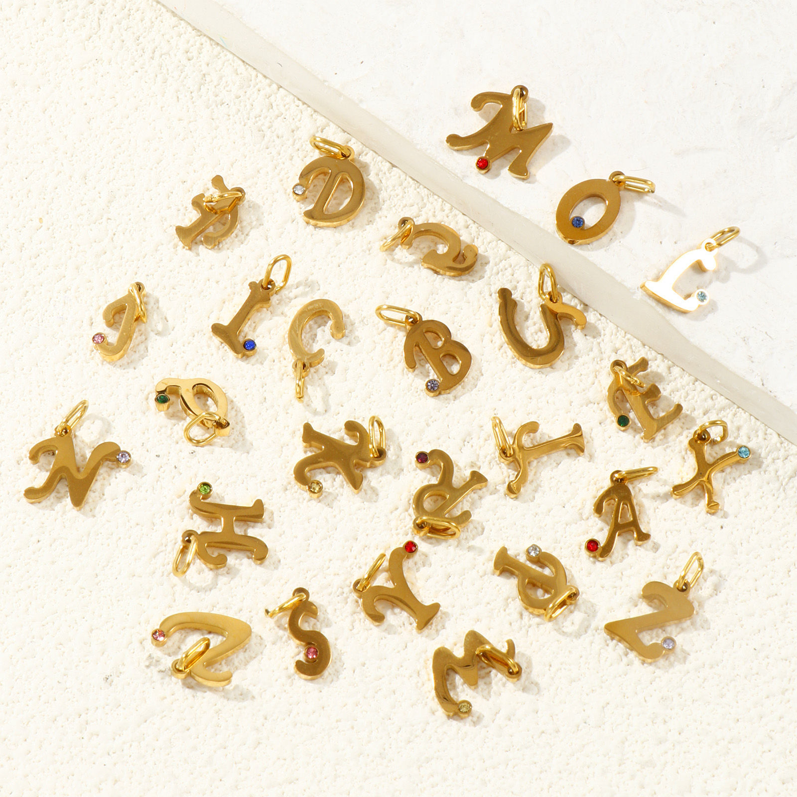 Picture of Eco-friendly PVD 304 Stainless Steel Capital Alphabet Initial Letter Name Charms Wholesale 18K Real Gold Plated Message " A-Z " Mini Multicolor Rhinestone