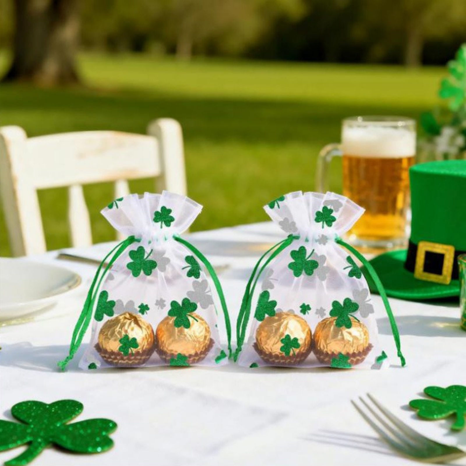 Picture of Polyester Drawstring Storage Bags Rectangle Green Leaf Clover Shamrock