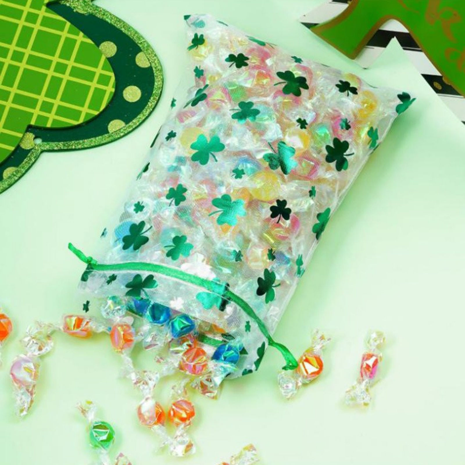 Picture of Polyester Drawstring Storage Bags Rectangle Green Leaf Clover Shamrock